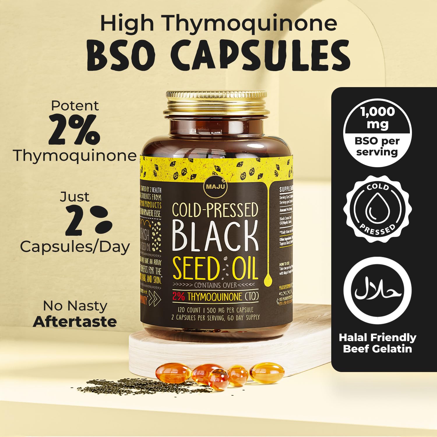 Maju Superfoods Black Seed Oil Capsules, Strong Cold Pressed, 2% Thymoquinone, 100% Turkish Black Cumin Nigella Sativa Seed Oil, Organic BSO, Liquid Blackseed, 120 Count, 500mg per Capsule