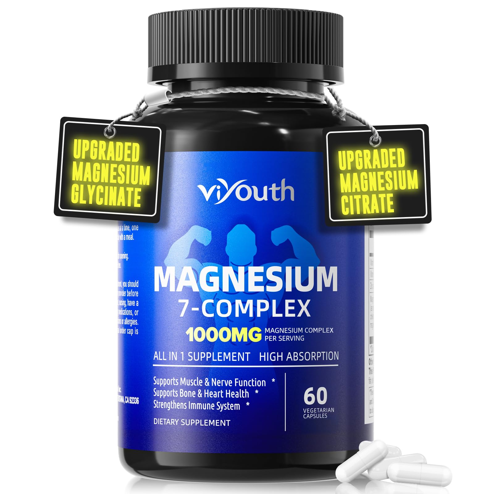 Magnesium 7 Complex Supplement Advanced with Glycinate Citrate Malate Chelate Taurate Orotate Aspartate, Capsules with Zinc, Vitamin D3 & B6 for Sleep, Muscle Relief, 60 Capsules