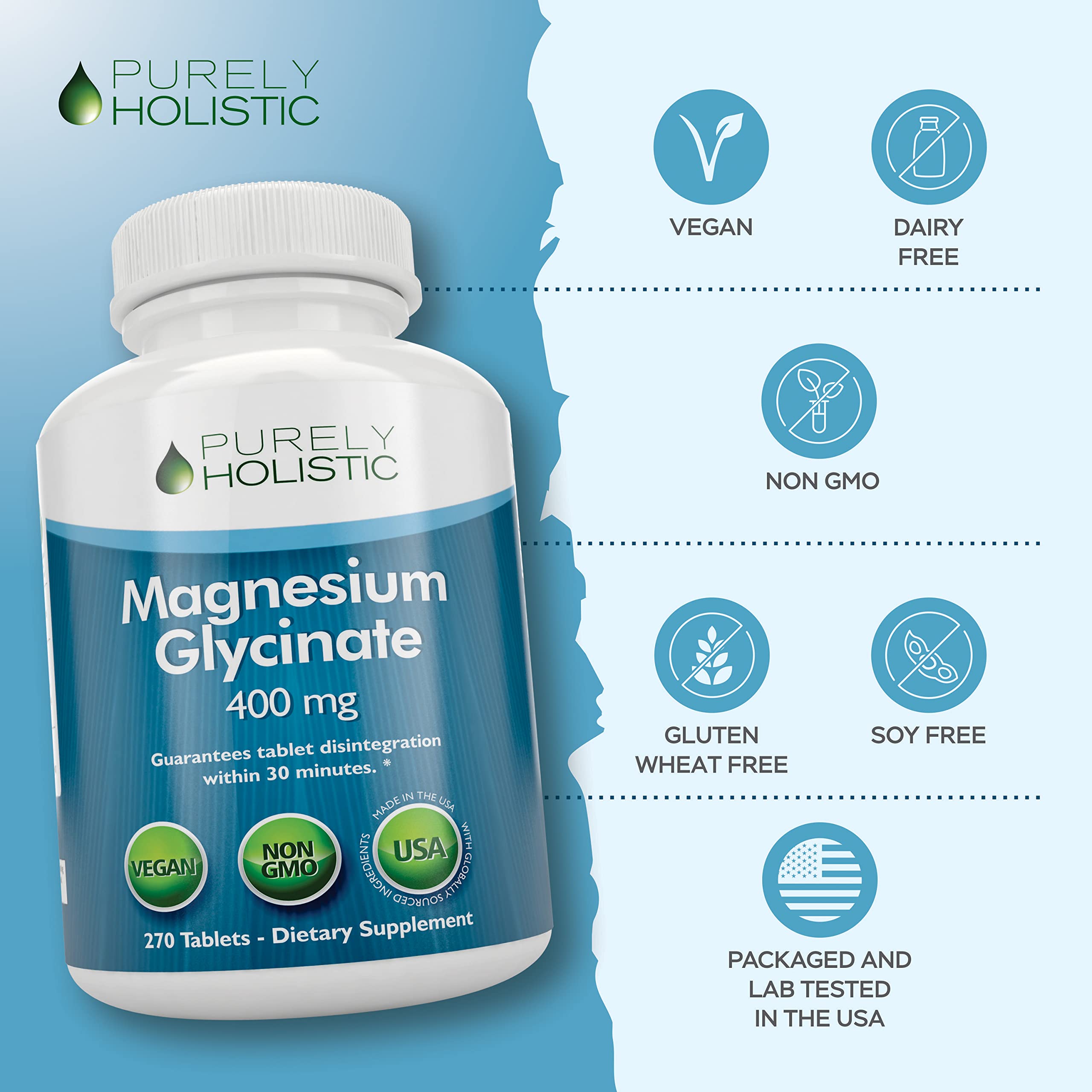 Magnesium Glycinate 400mg - 270 Magnesium Tablets (not Capsules) - 400 mg Elemental Magnesium - Highly Bioavailable - Vegan and Vegetarian - for Improved Sleep, Stress Relief & Cramp Defense