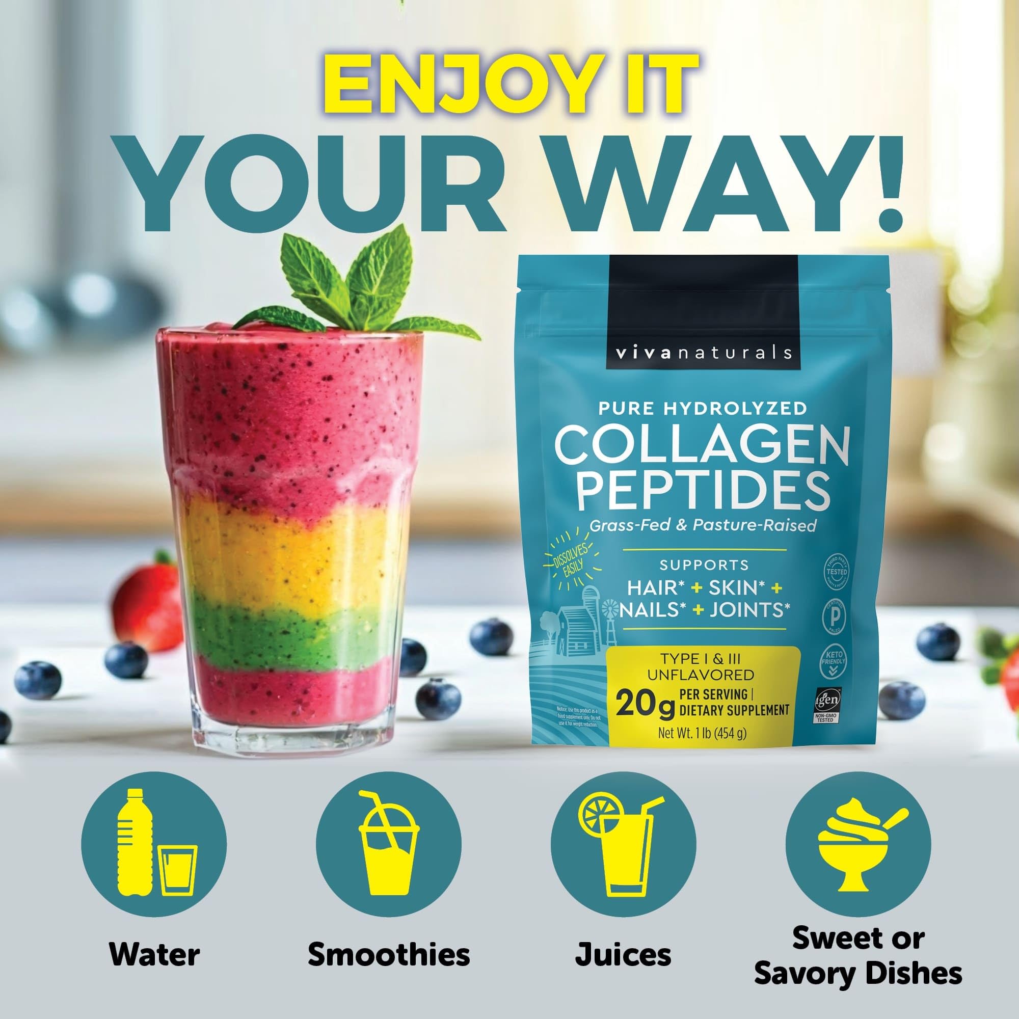 Viva Naturals Collagen Peptides Powder - Grass-Fed Hydrolyzed Bovine, Type I & III - 19 g Protein, Unflavored, Easy Dissolving - Joint, Skin, Hair & Nail Support - Paleo, Keto, Non-GMO - 1lb