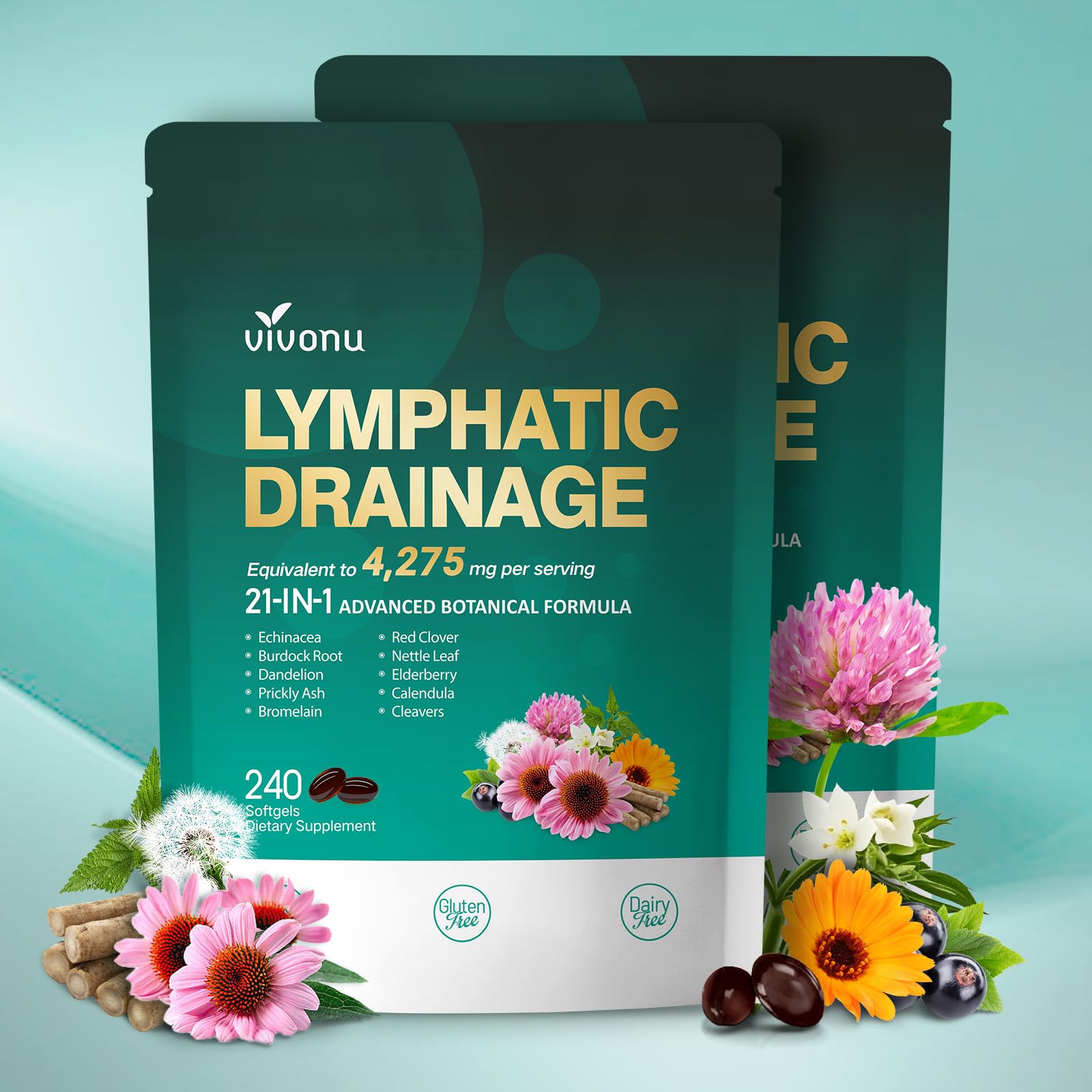 Lymphatic Drainage Supplement, 240 Softgels, 4275mg Lymph System Support Supplement for Women & Men, 21-in-1 Herbal Blend with Echinacea, Dandelion, Burdock, Bromelain, Calendula, Turmeric & More 2Bag