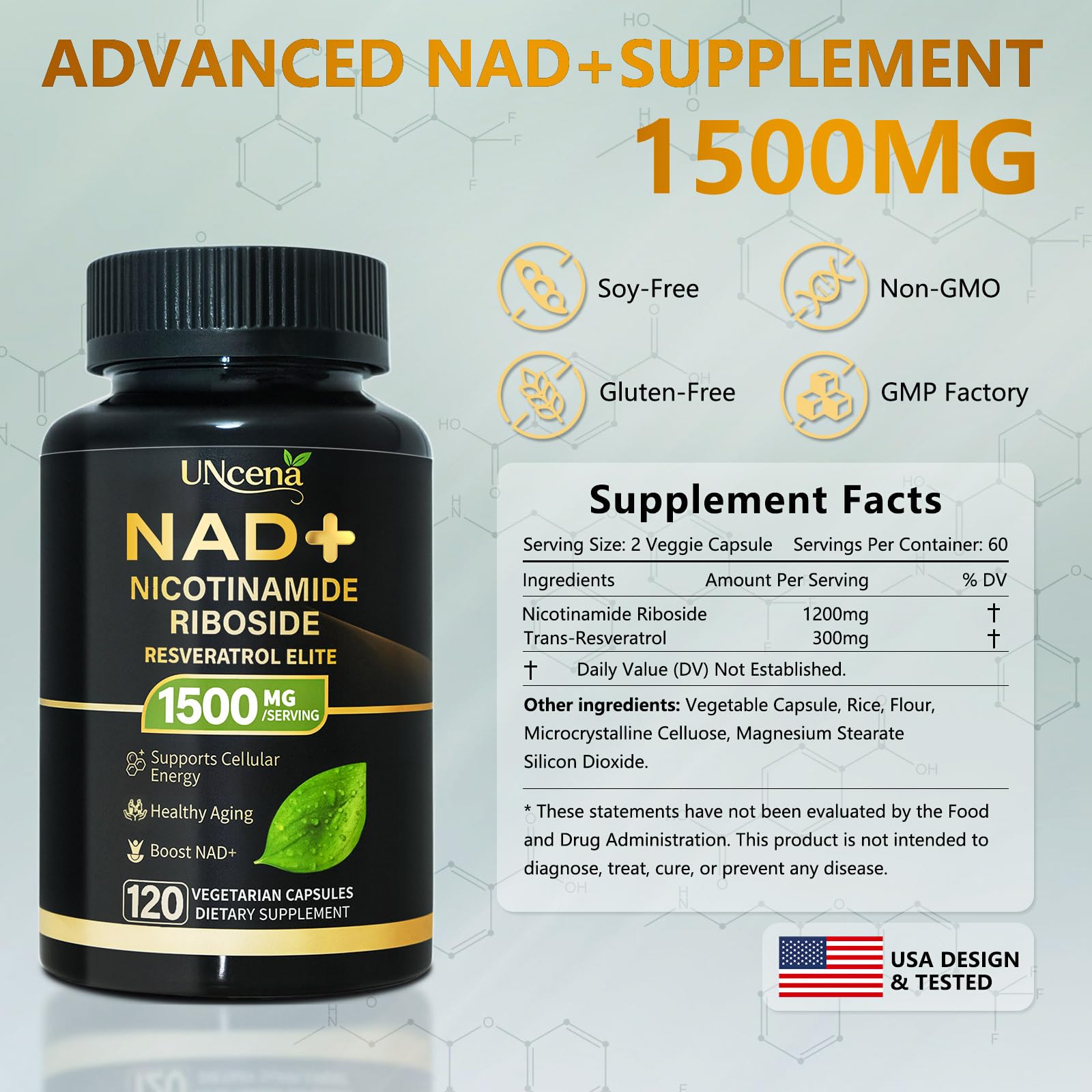 UNcena NAD Supplement 1500mg - Liposomal NAD+ Nicotinamide Riboside with Resveratrol, NAD Plus Boosting - Support Cellular Health, Stamina & Healthy Aging for Women & Men- 120 Capsules
