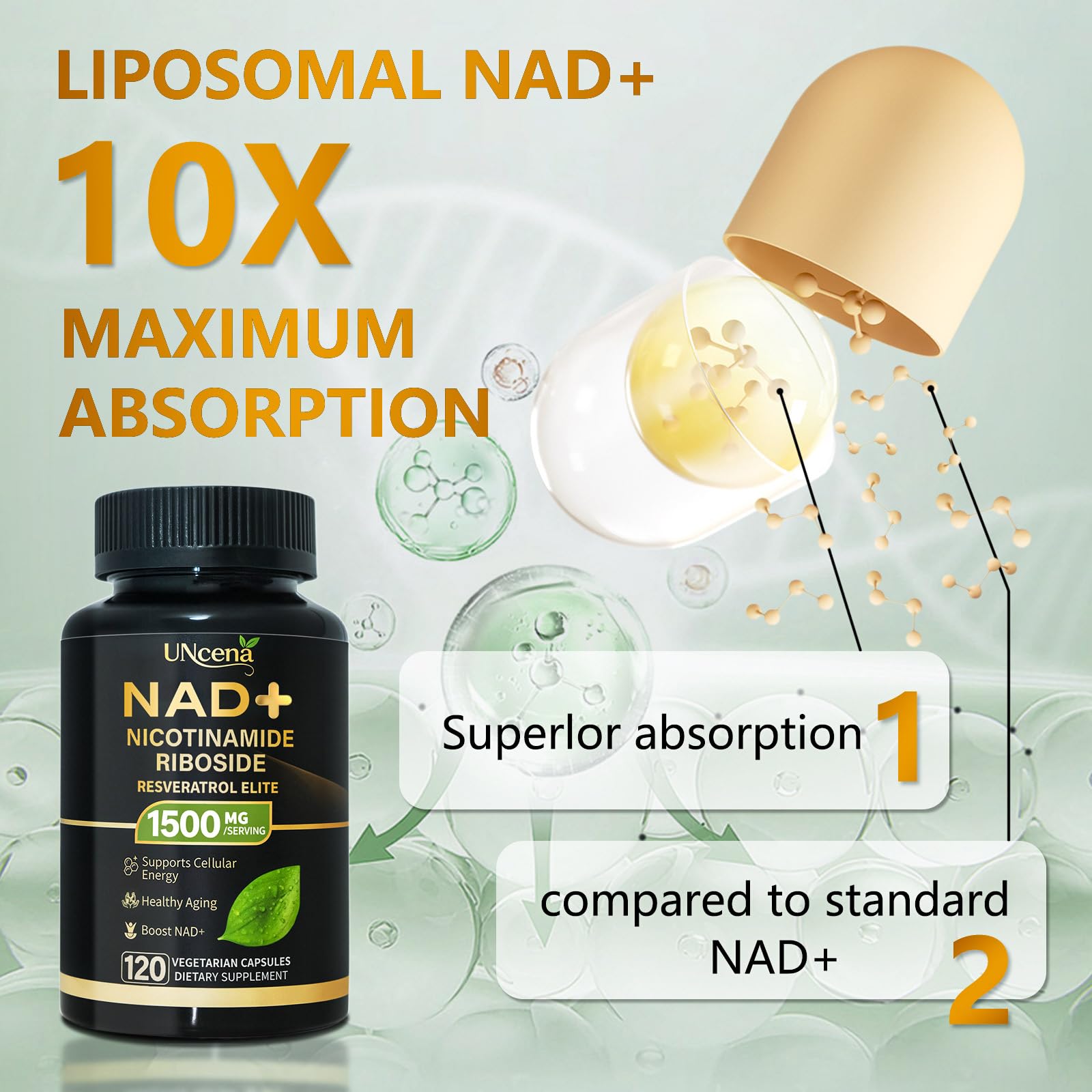 UNcena NAD Supplement 1500mg - Liposomal NAD+ Nicotinamide Riboside with Resveratrol, NAD Plus Boosting - Support Cellular Health, Stamina & Healthy Aging for Women & Men- 120 Capsules