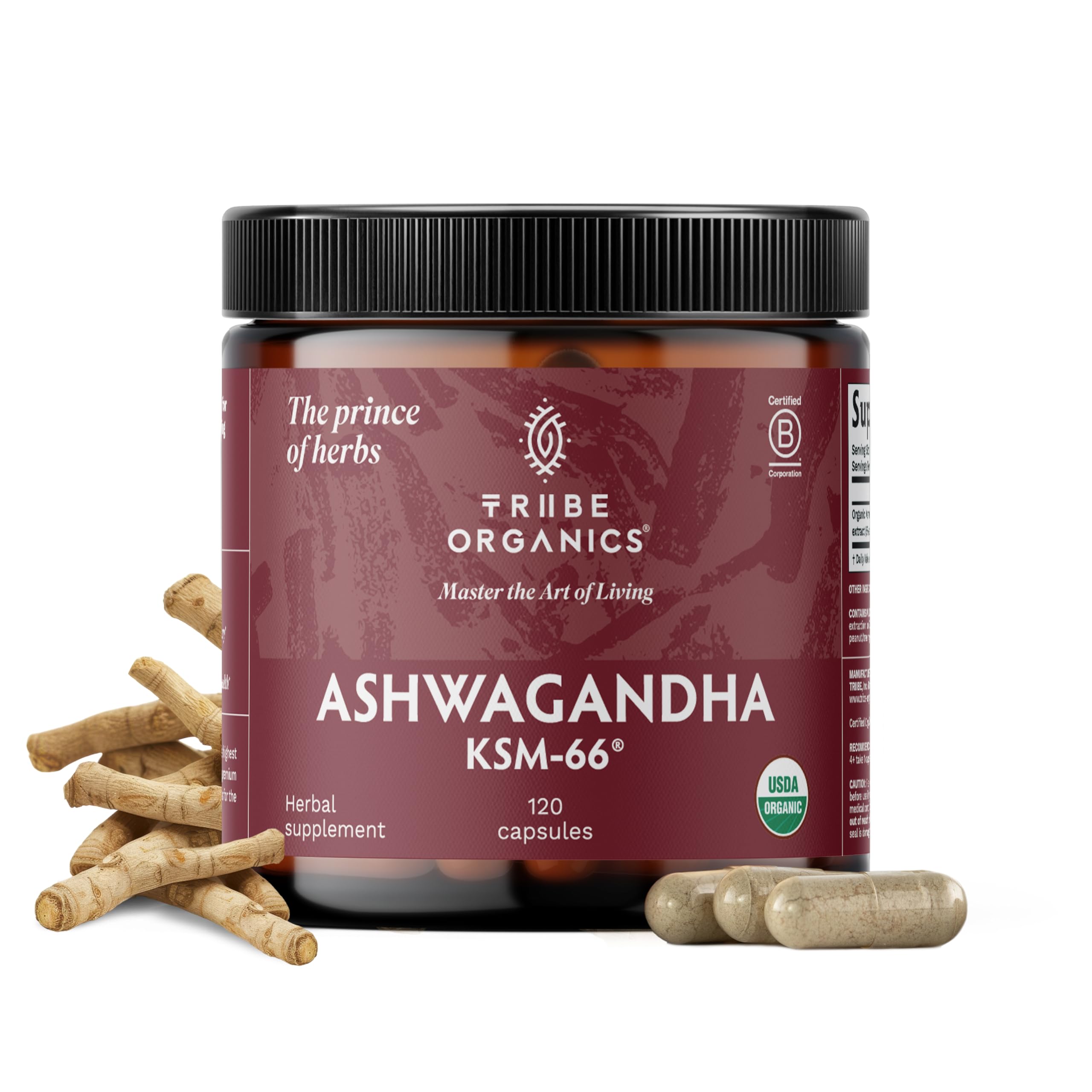 TRIBE ORGANICS Ashwagandha KSM 66 Pure Organic Root Powder Extract Ayurvedic Supplement - Focus, Mood Support, Increase Energy, Strength, 600mg of Natural KSM66 for Superior Absorption - 120 Capsules
