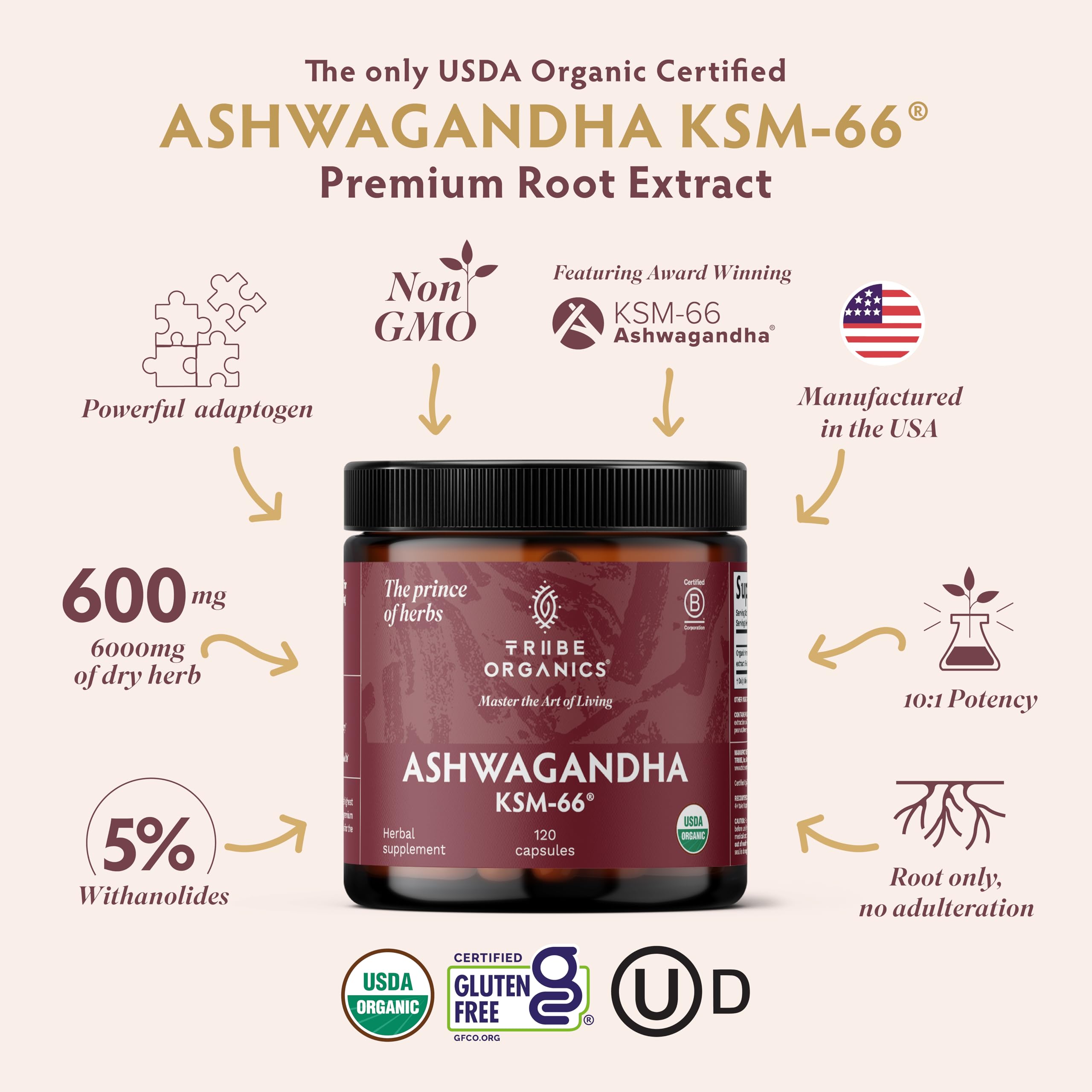 TRIBE ORGANICS Ashwagandha KSM 66 Pure Organic Root Powder Extract Ayurvedic Supplement - Focus, Mood Support, Increase Energy, Strength, 600mg of Natural KSM66 for Superior Absorption - 120 Capsules