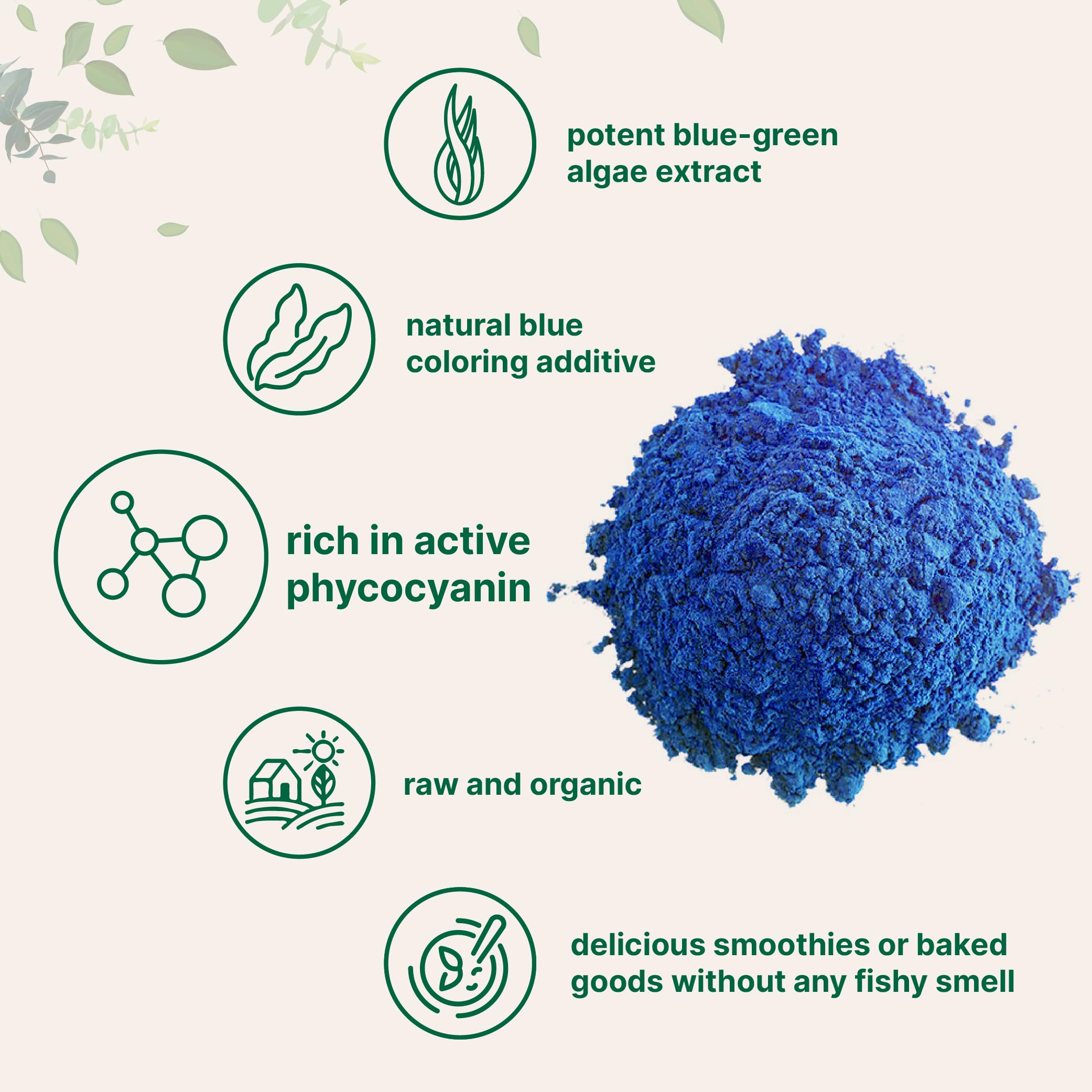 Organic Blue Spirulina Powder (Phycocyanin Extract), 60 Servings - No Fishy Smell, 100% Vegan Protein from Blue-Green Algae, Natural Luminous Food Coloring for Smoothies, Baking, Drinks & Cooking