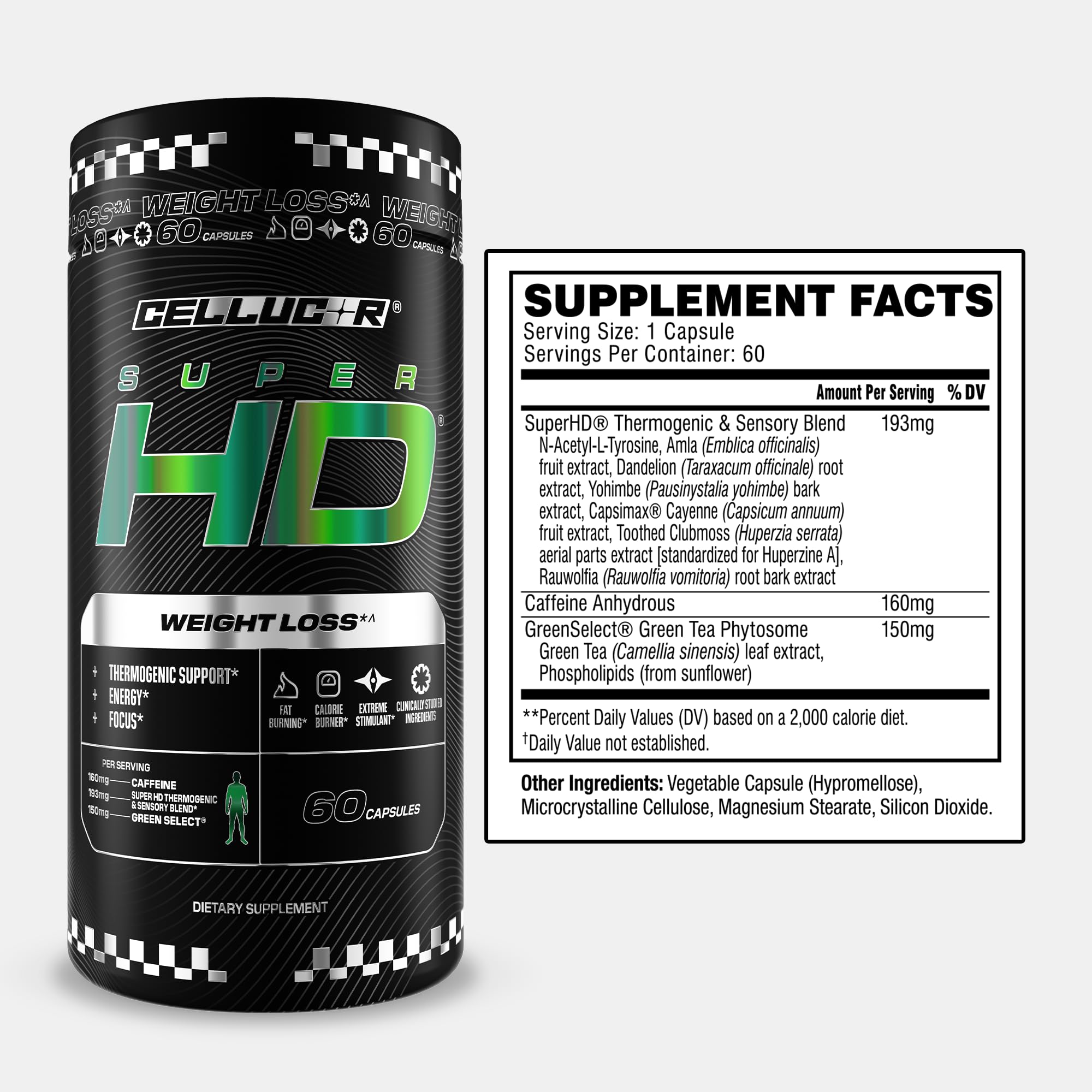 Cellucor SuperHD Thermogenic Fat Burner Weight Loss Supplement, Appetite Suppressant, & Energy Booster Capsimax, Green Tea Extract, 160mg Caffeine & More 60 Capsules (Packaging May Vary)