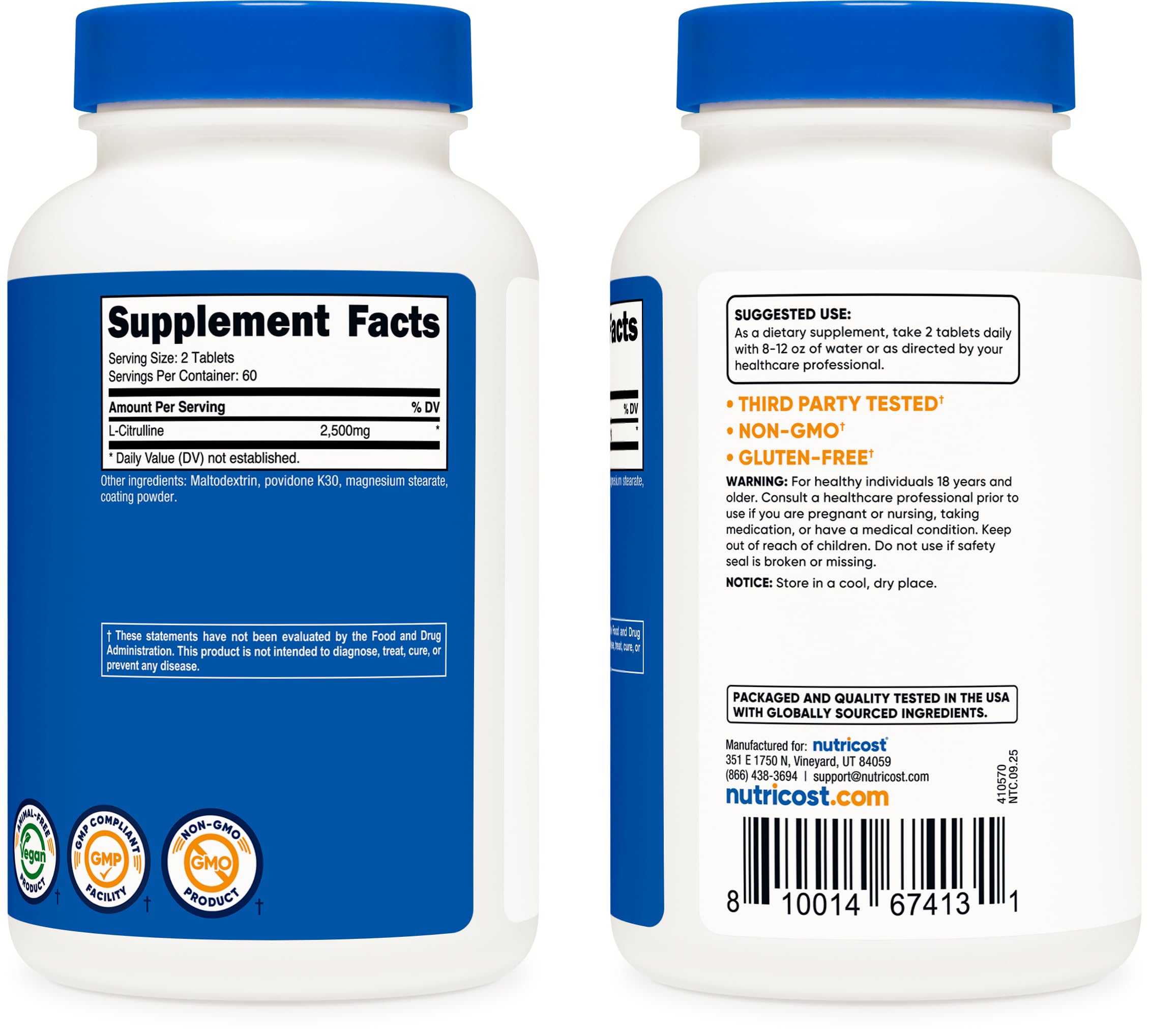 Nutricost L-Citrulline 2500mg Per Serving, 60 Servings, 1250mg Per Tablet, 120 Tabs - Non-GMO and Gluten Free Supplement