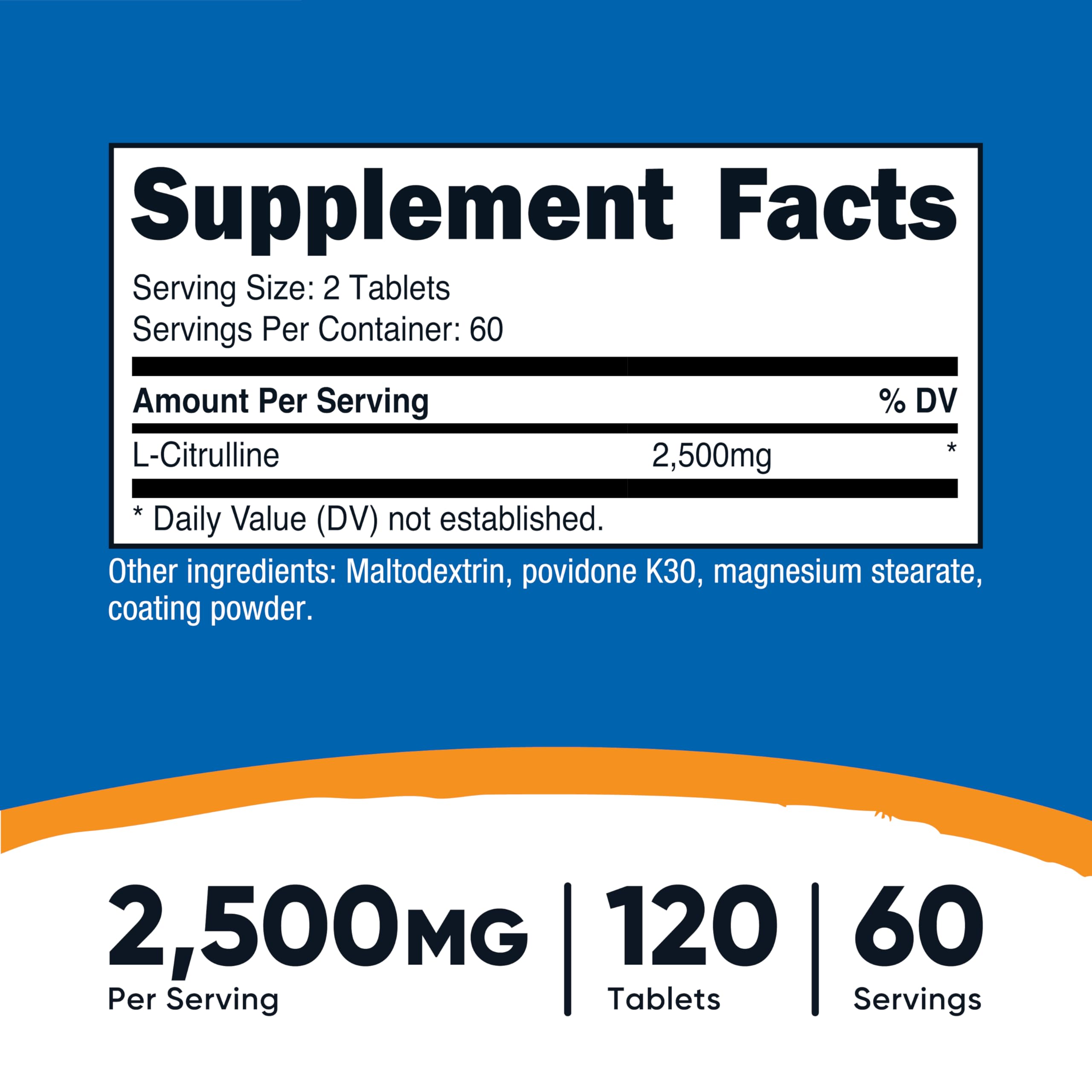 Nutricost L-Citrulline 2500mg Per Serving, 60 Servings, 1250mg Per Tablet, 120 Tabs - Non-GMO and Gluten Free Supplement