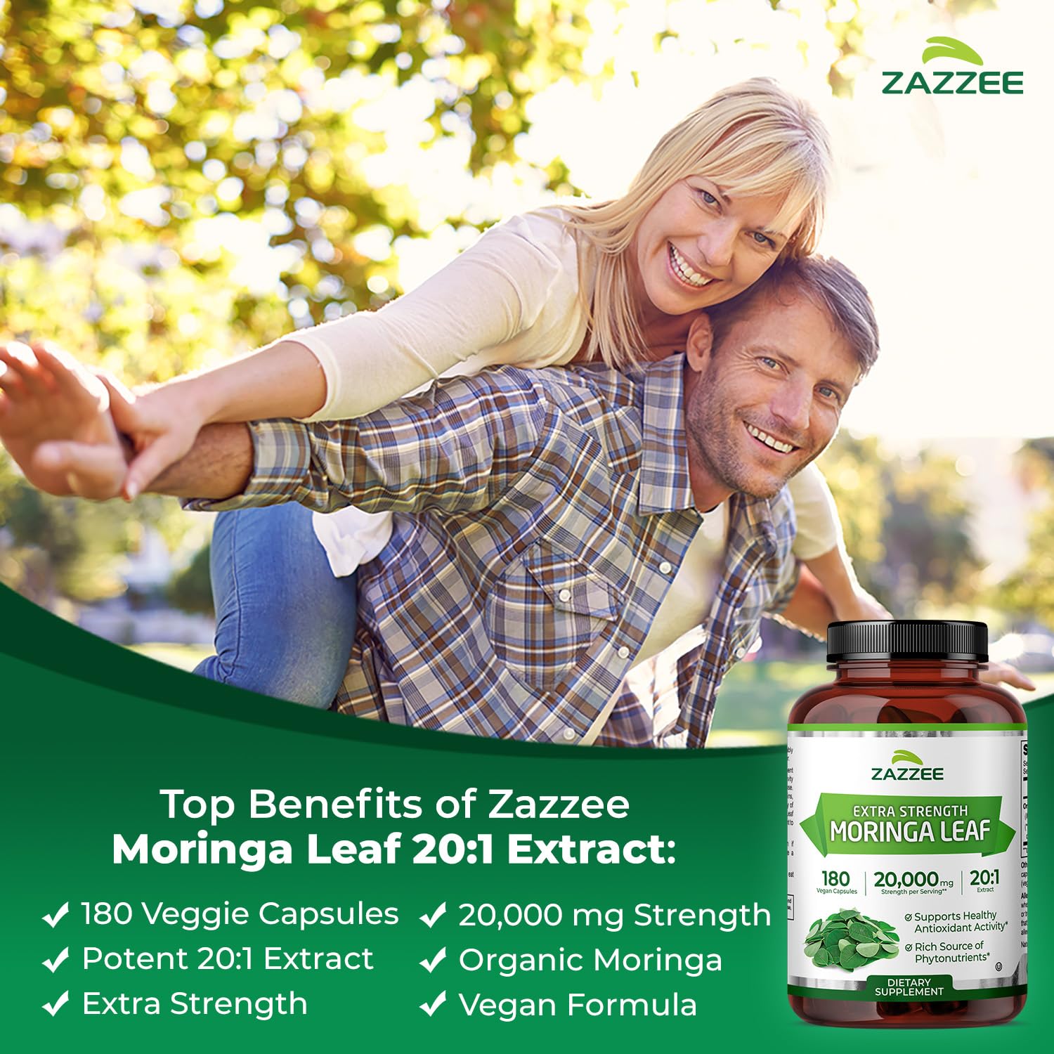 Zazzee USDA Organic Moringa Oleifera Leaf Extract 20:1, 20,000 mg Equivalent, 180 Vegan Capsules, Certified Kosher, High Potency Superfood Supplement, Antioxidant & Cellular Support, Made in The USA