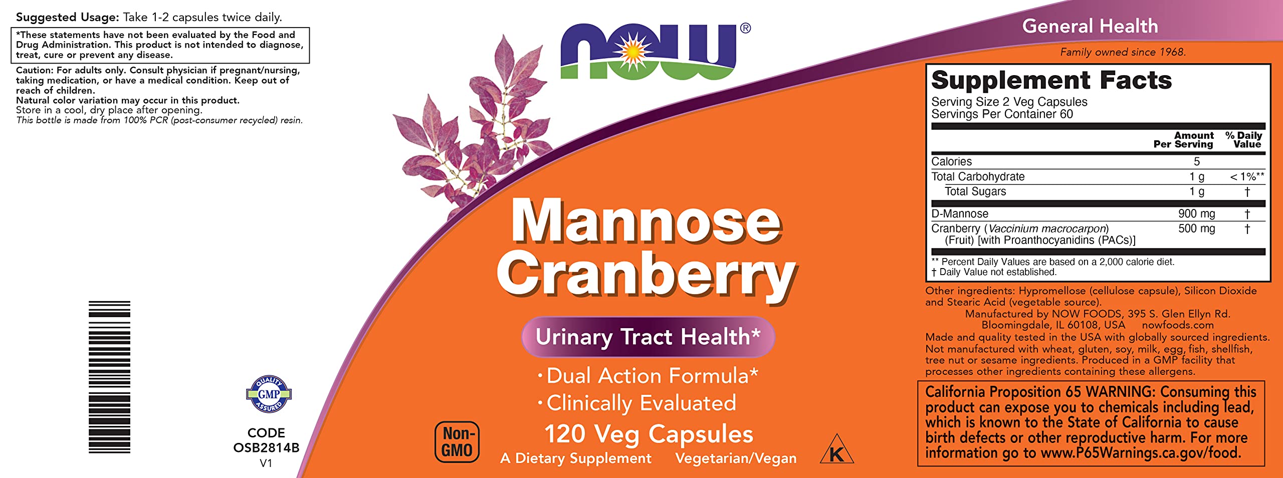 NOW Foods Mannose Cranberry, 120 Veg Capsules - with PAC - 450mg dMannose, 250mg Whole Cranberry - Bladder Cleanse and Urinary Tract Health* - Vegan Friendly Supplement, Non-GMO