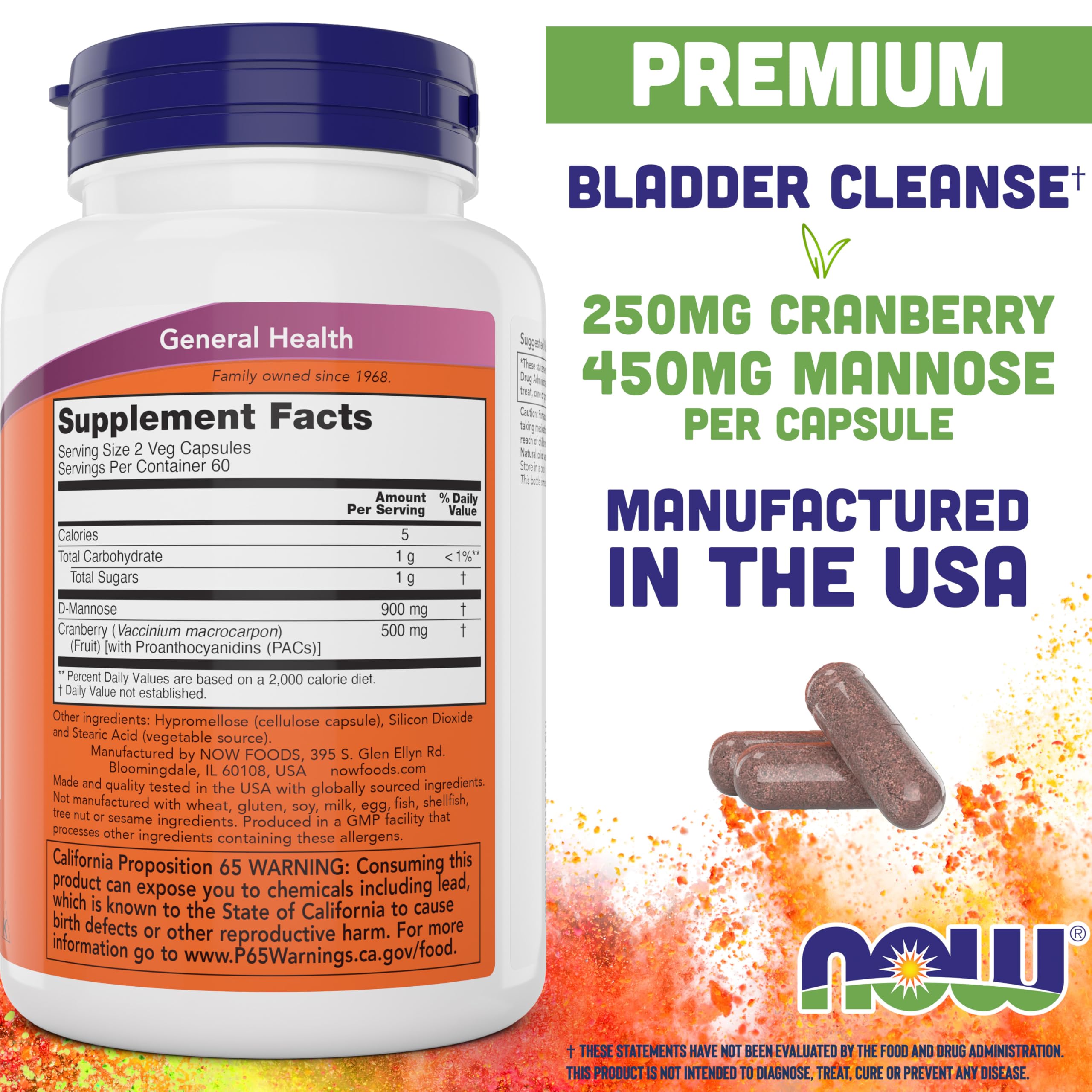 NOW Foods Mannose Cranberry, 120 Veg Capsules - with PAC - 450mg dMannose, 250mg Whole Cranberry - Bladder Cleanse and Urinary Tract Health* - Vegan Friendly Supplement, Non-GMO