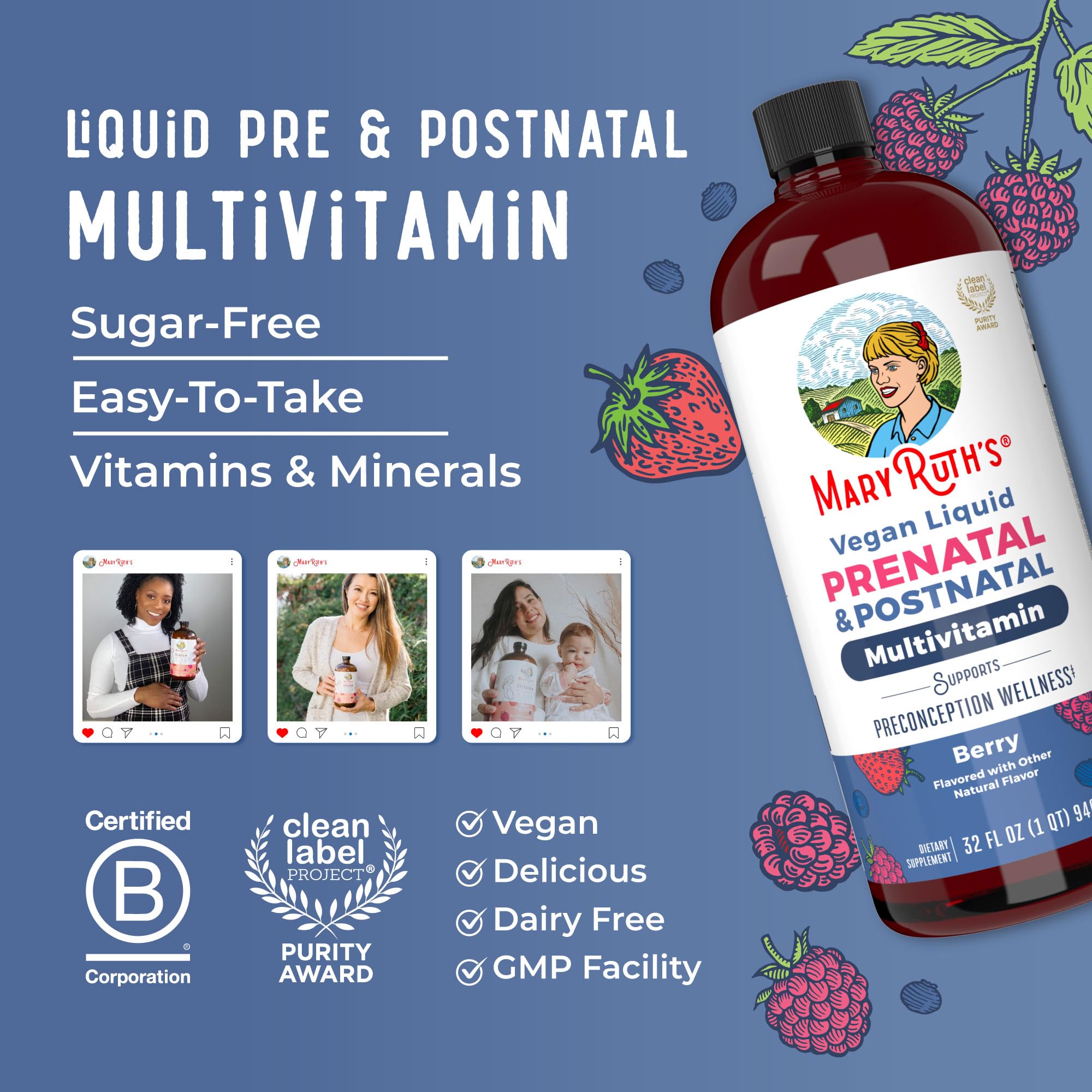 MARYRUTH'S Postnatal & Prenatal Vitamins for Women | Sugar Free | Selenium | Folate | Vegan | Non-GMO | Gluten Free | 32oz