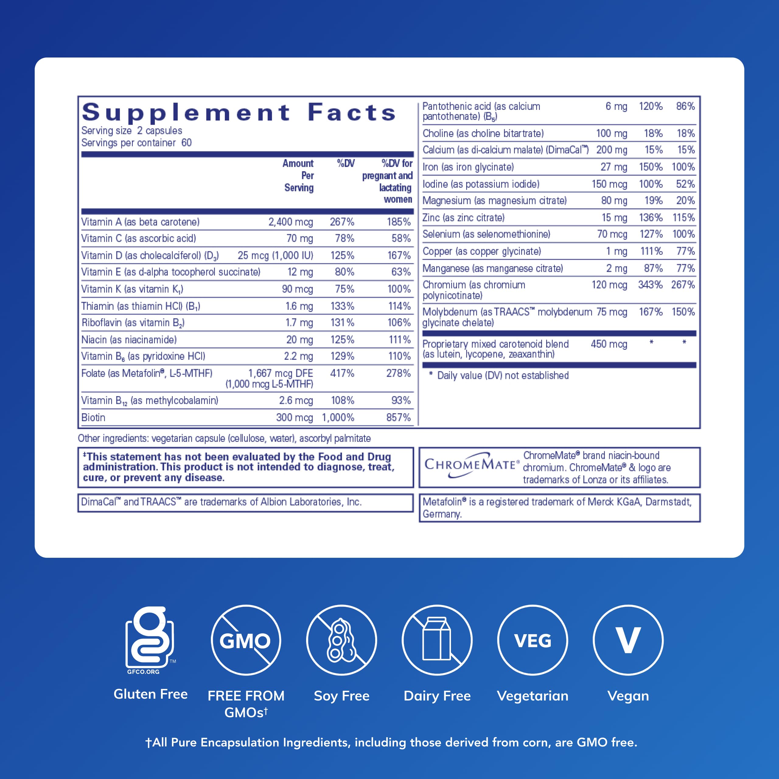 Pure Encapsulations PreNatal Nutrients - for Pregnancy & Lactation - Aids Energy & DNA Development* - with Folate, Choline & Iron - Gluten Free & Non-GMO - 120 Capsules