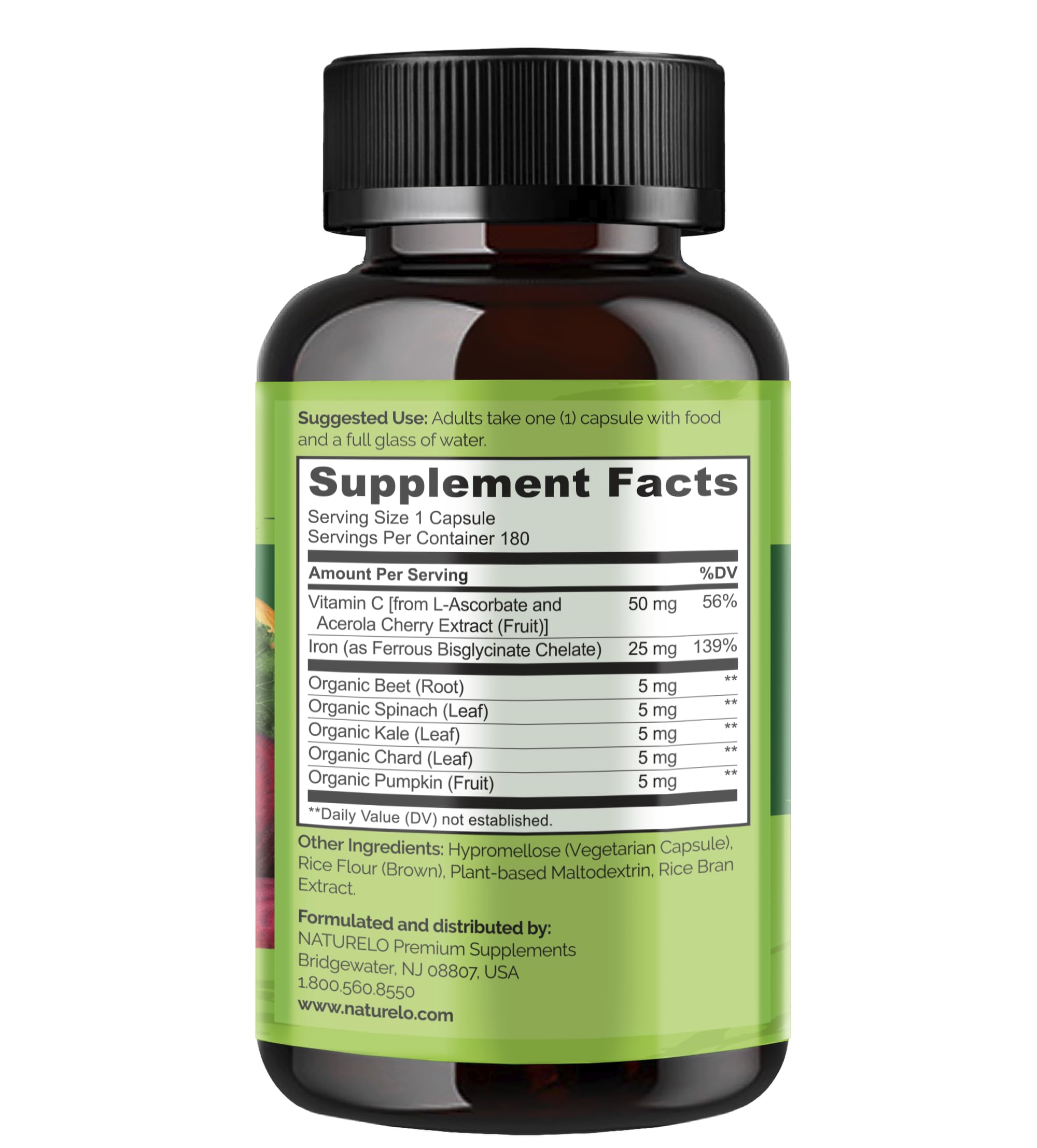 NATURELO Vegan Iron Supplement with Vitamin C and Organic Whole Foods - Gentle Iron Pills for Women & Men with Iron Deficiency Including Pregnancy, Anemia and Vegan Diets - 180 Mini Capsules