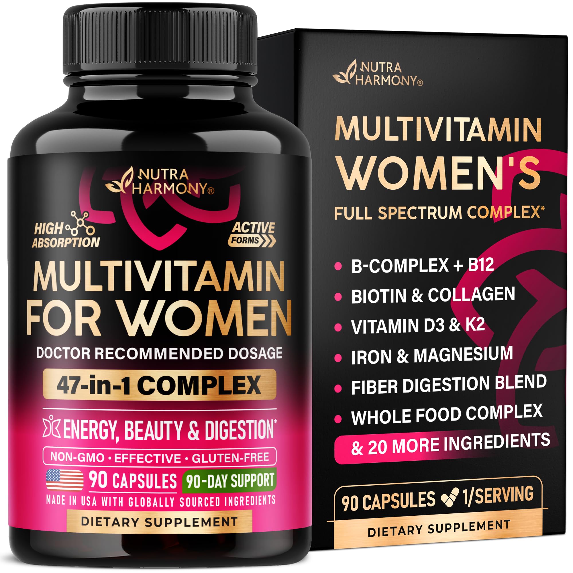 Multivitamin for Women - B-Complex | Whole Foods | Hair Growth Support | Digestion & Metabolism | Iron - 47in1 Womens Multivitamin - Bioavailable & Gentle on Stomach - Made in USA - 90 Capsules