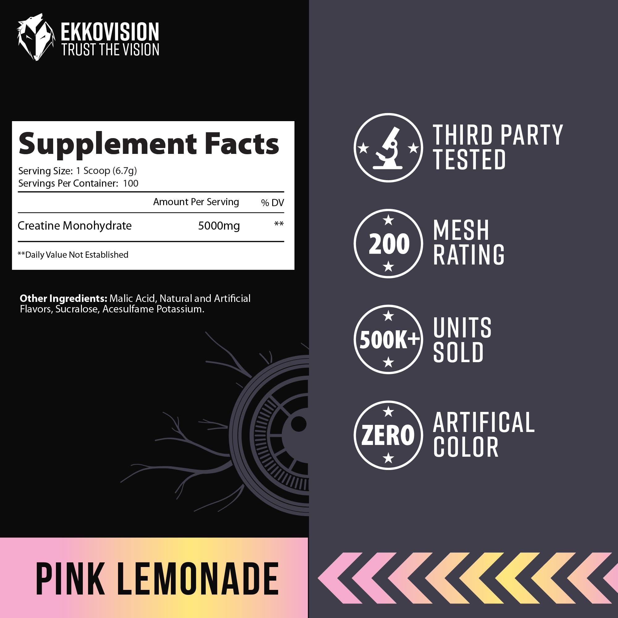 Ekkovision Creatine Monohydrate Powder, Micronized, Pink Lemonade, Pre Workout & Post Workout Supplement for Men and Women, Energy Support, Easy to Mix in Shakes, Smoothies & Beverages, 100 Servings
