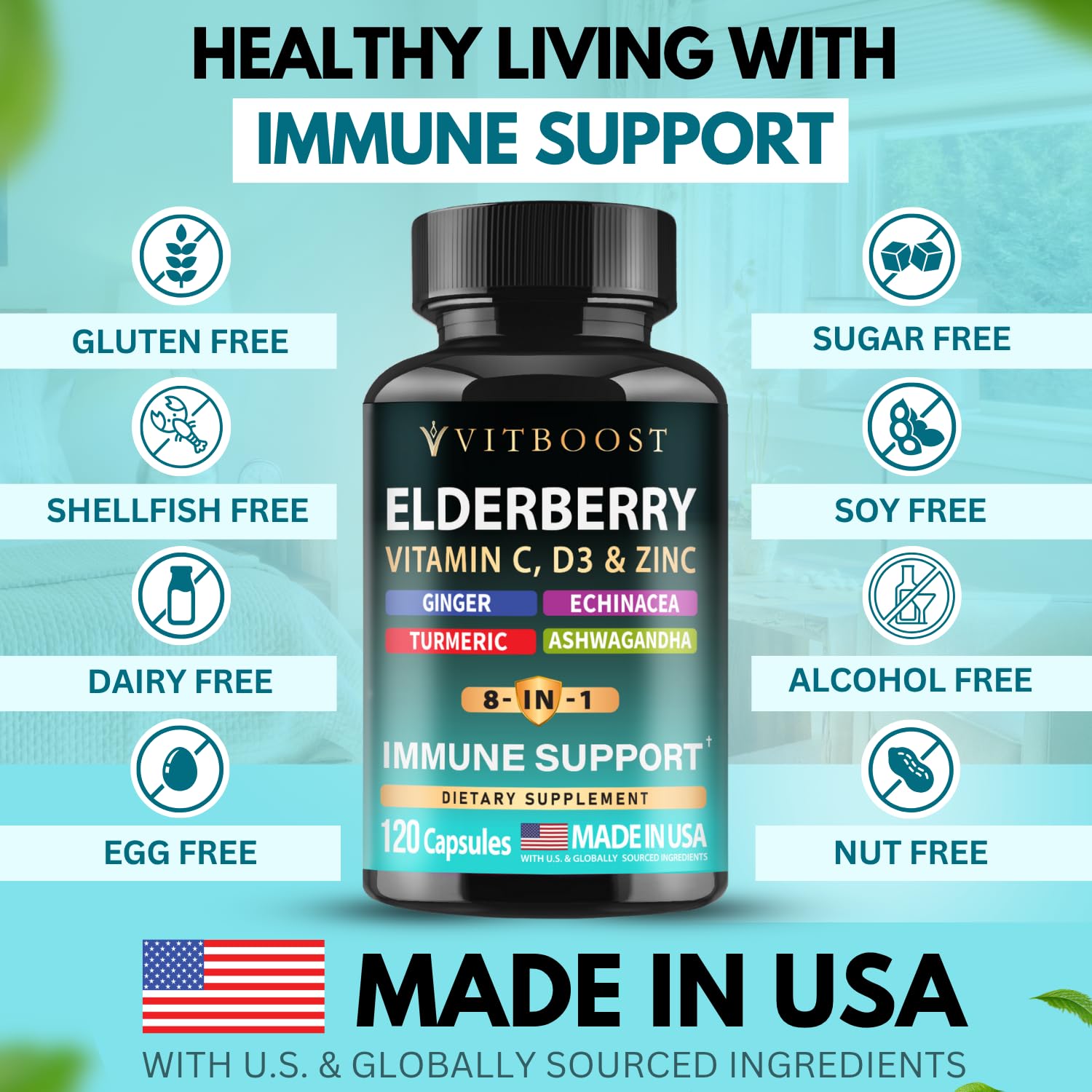Elderberry Immune Support Supplement 8-in-1 Formula with Echinacea, Vitamin C & Zinc, Vitamin D 5000 IU, Turmeric, Ginger, Ashwagandha – 120 Capsules