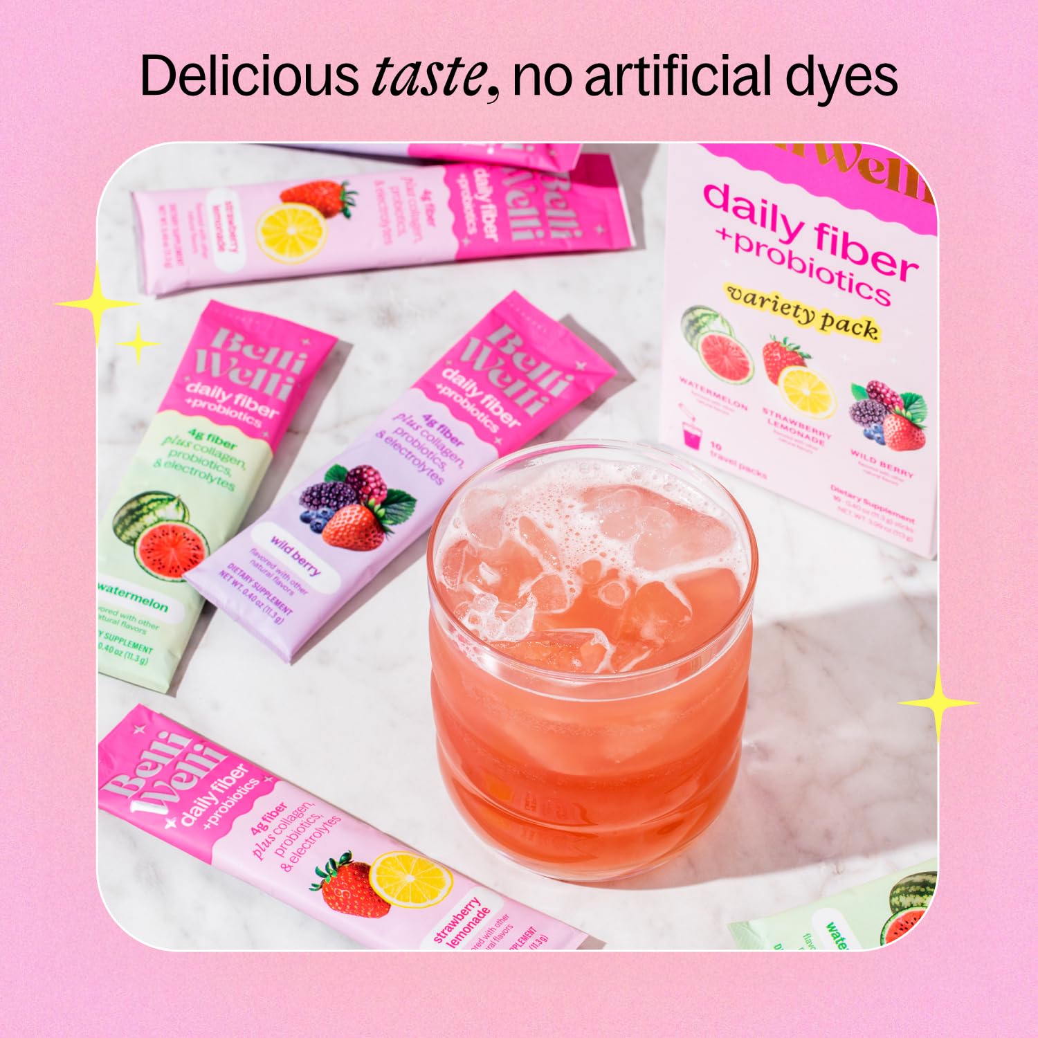 Belli Welli Daily Fiber Supplement Packets with Collagen, Probiotics & Electrolytes | Single Serve Packets for Gut Health, Digestion & Debloating | Variety | 10 Count