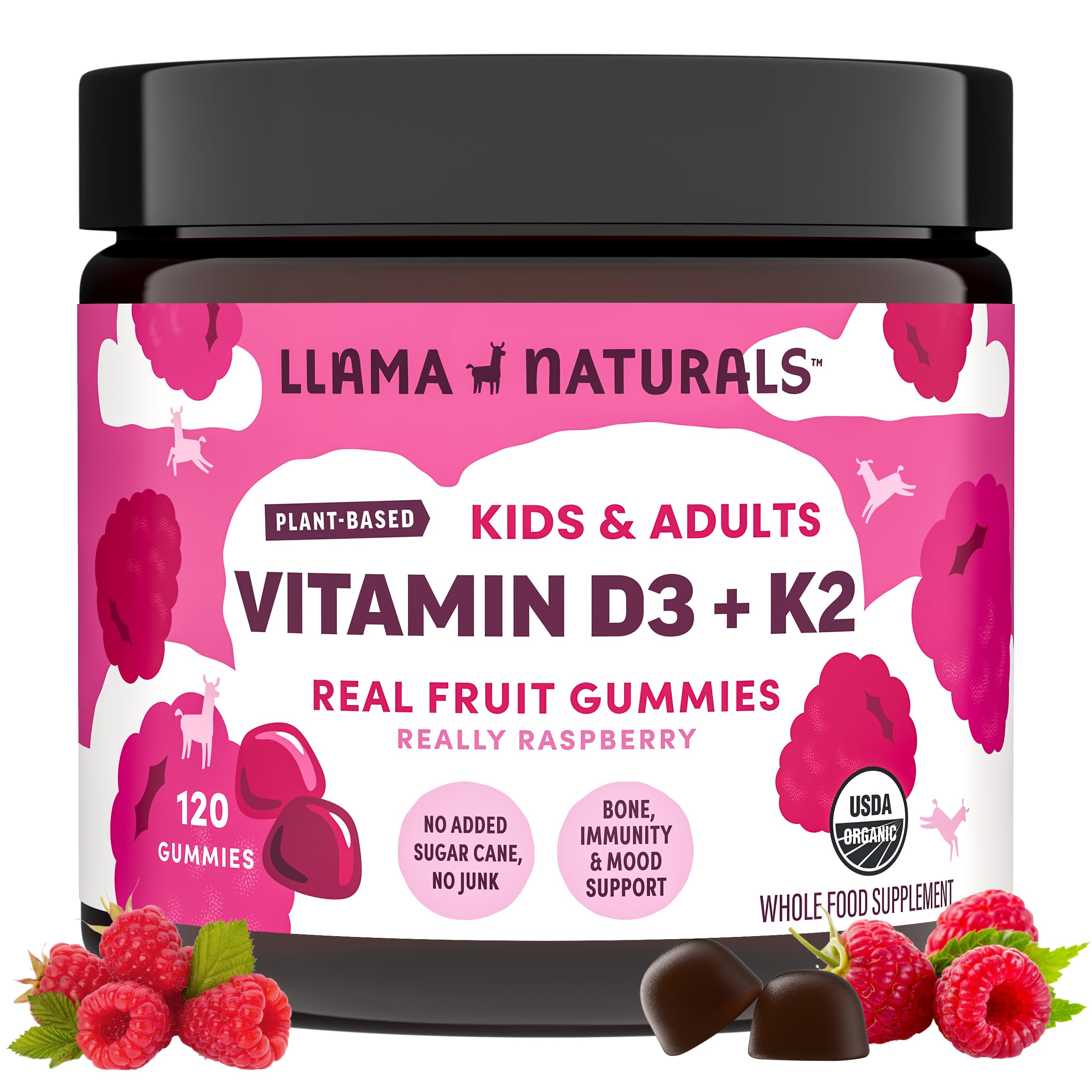Llama Naturals Vitamin D3 K2 Gummies for Adults and Kids, Vegan, Organic, Vitamin D Gummies, Real Fruit Gummy Vitamins, No Added Sugar Cane, Raspberry, 120 Ct