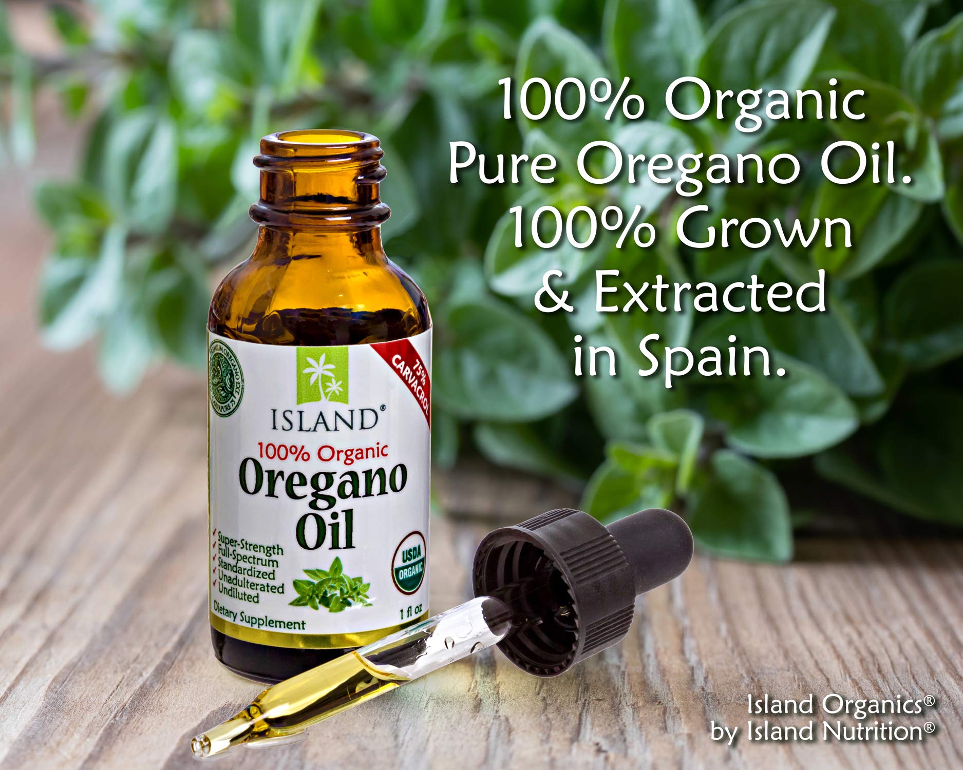 Island Nutrition, Oregano Oil Organic Liquid Drops - 100% Pure & Undiluted - USDA-Certified Organic (1 oz) 75% Carvacrol - Grown in Spain - Immune Support Supplement with Oil of Oregano.