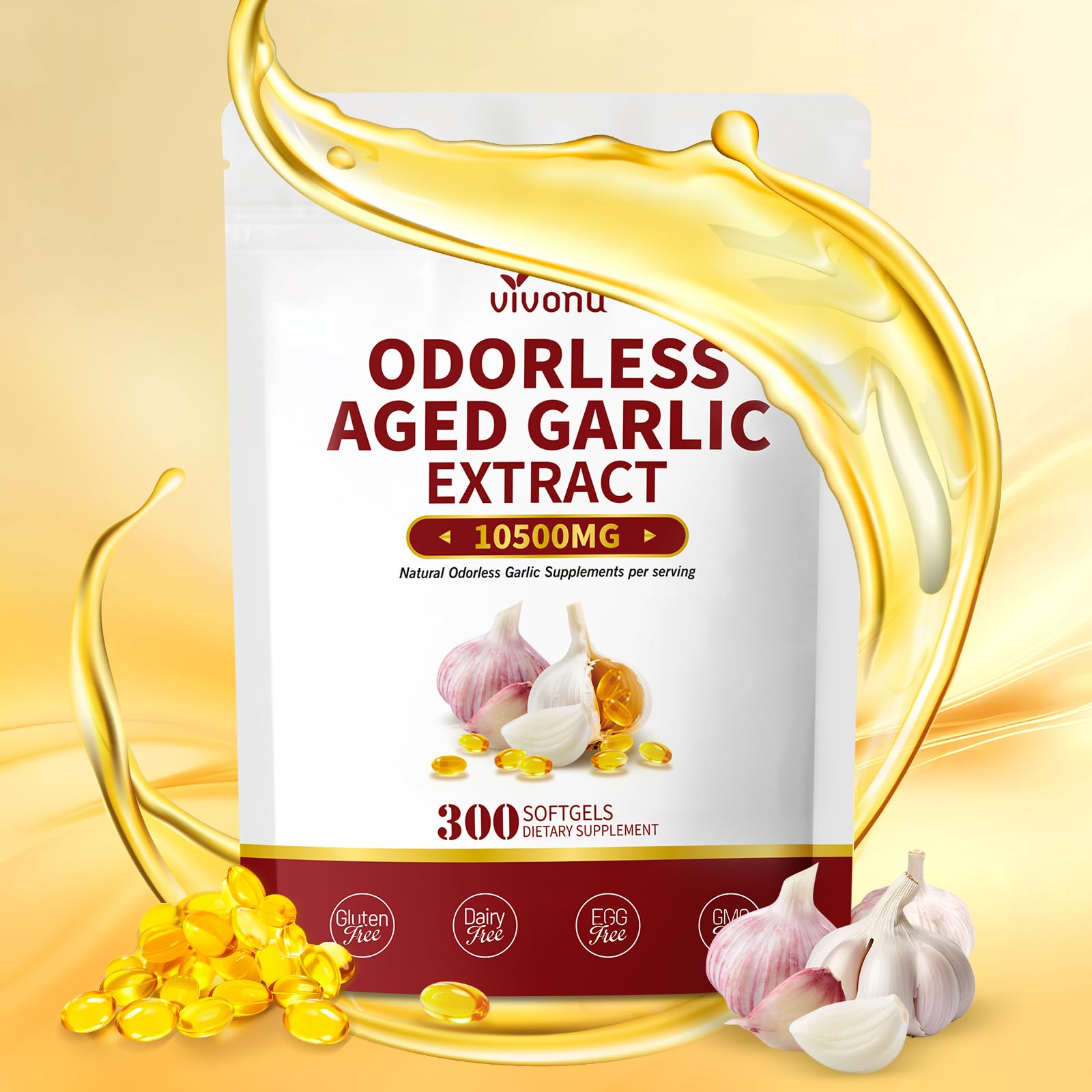 VivoNu Aged Garlic Extract Capsules, 10500mg Odorless Garlic Supplements with Magnesium, Chromium, B1 & B9, Supports Immune Health & Heart Function| 2 Years Matured | 300 Softgels