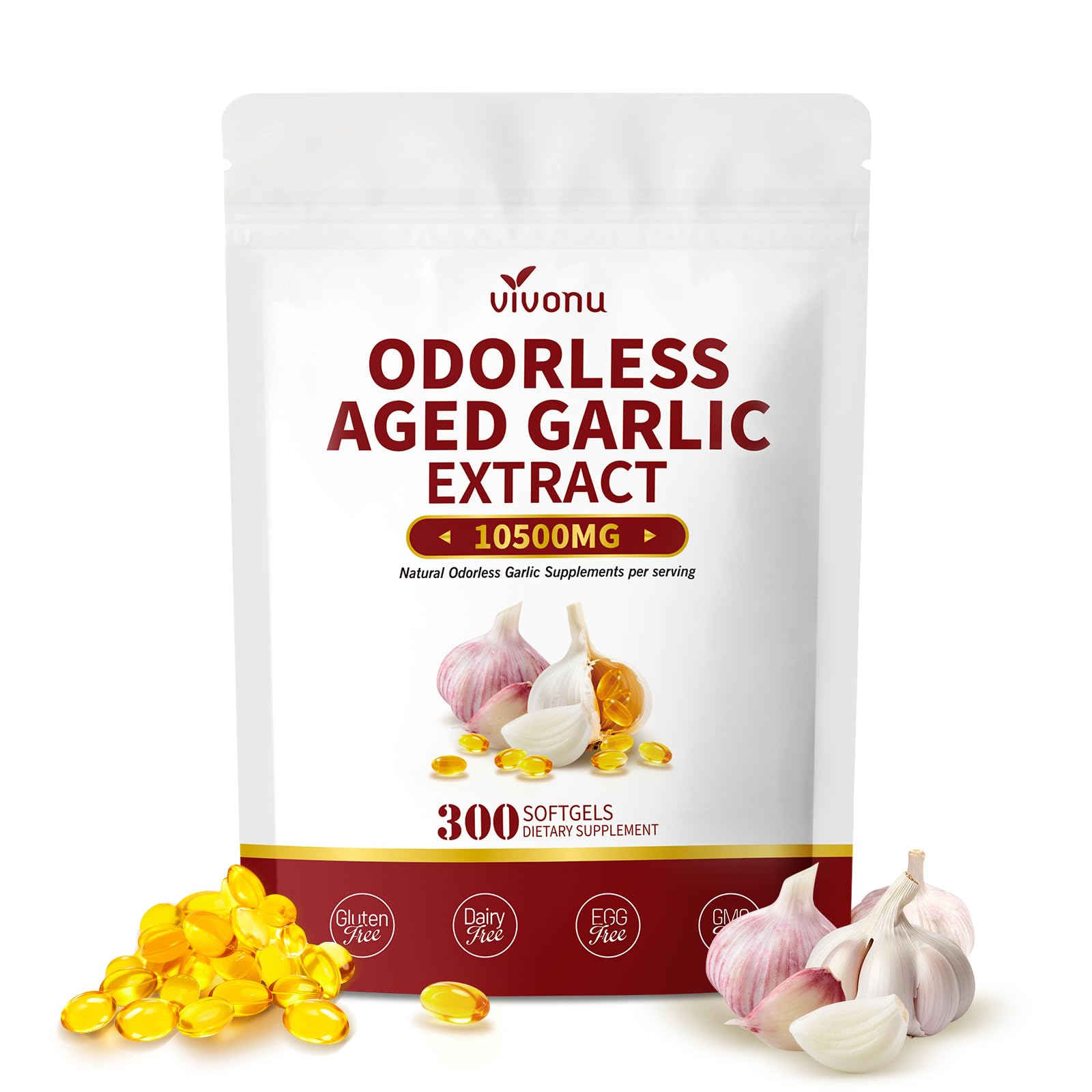 VivoNu Aged Garlic Extract Capsules, 10500mg Odorless Garlic Supplements with Magnesium, Chromium, B1 & B9, Supports Immune Health & Heart Function| 2 Years Matured | 300 Softgels