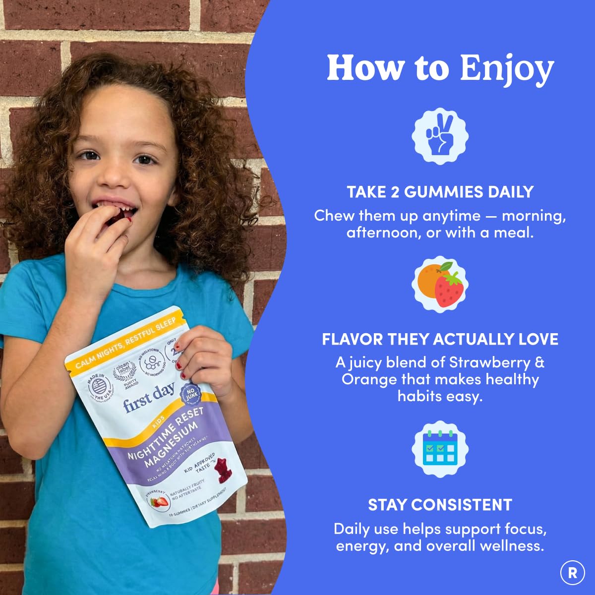 FIRST DAY Magnesium for Kids Gummies – Calm Kids Magnesium Citrate Gummies to Support Sleep & Relaxation – Bedtime Supplement with Suntheanine® L-Theanine, NO Melatonin - Strawberry - 30-Day Supply