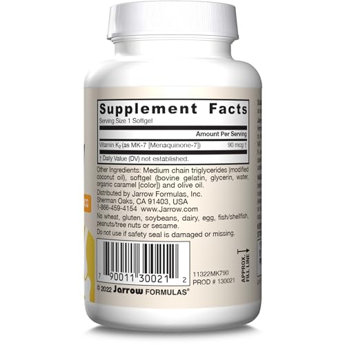 Jarrow Formulas MK-7 90 mcg - Bioactive Form of Vitamin K2-90 Servings (Softgels) - for Bone & Cardiovascular Health - Vitamin K2 MK-7 Dietary Supplement - Gluten Free