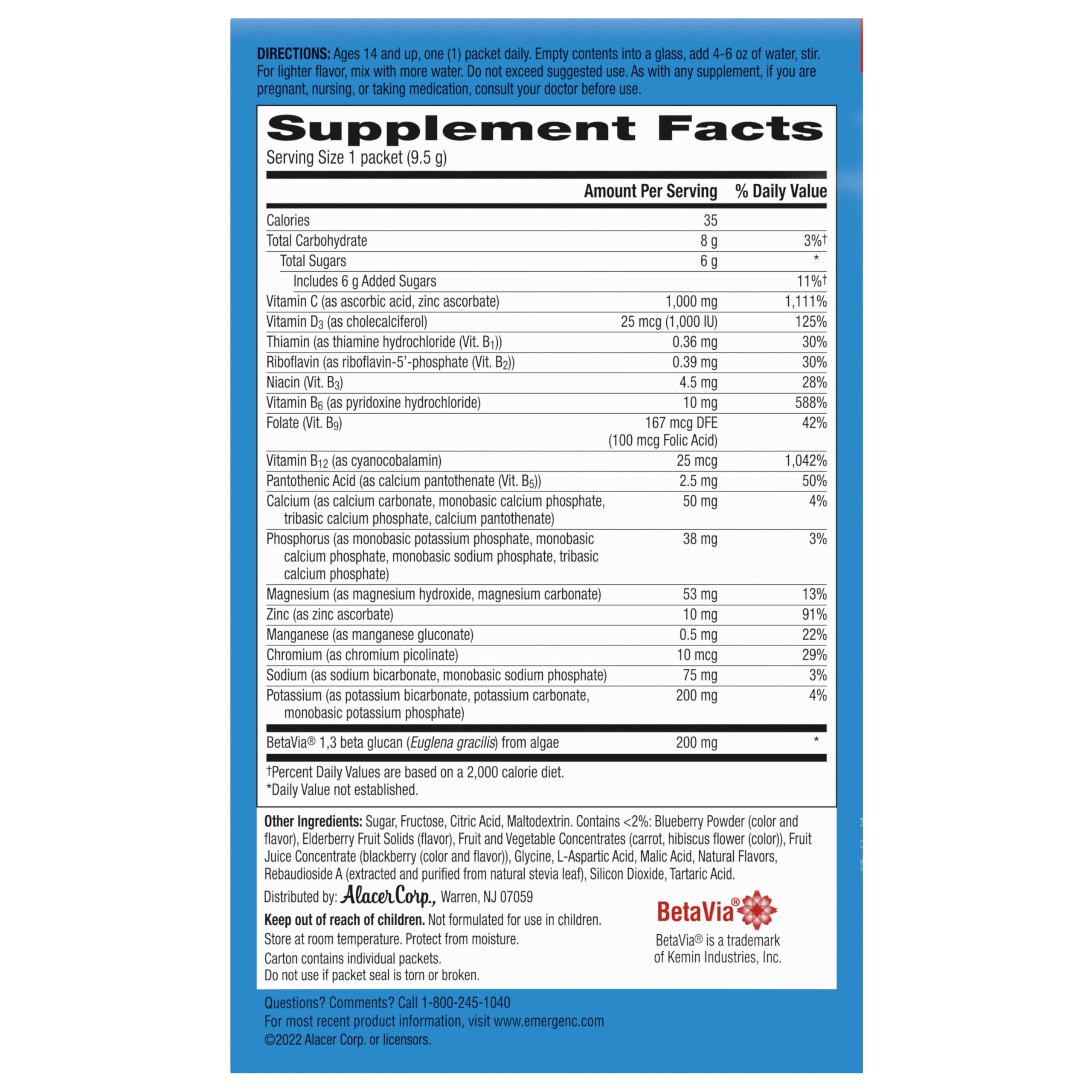 Emergen-C Immune+ Triple Action Immune Support Powder, BetaVia (R), 1000mg Vitamin C, B Vitamins, Vitamin D and Antioxidants, Elderberry – 18 Count