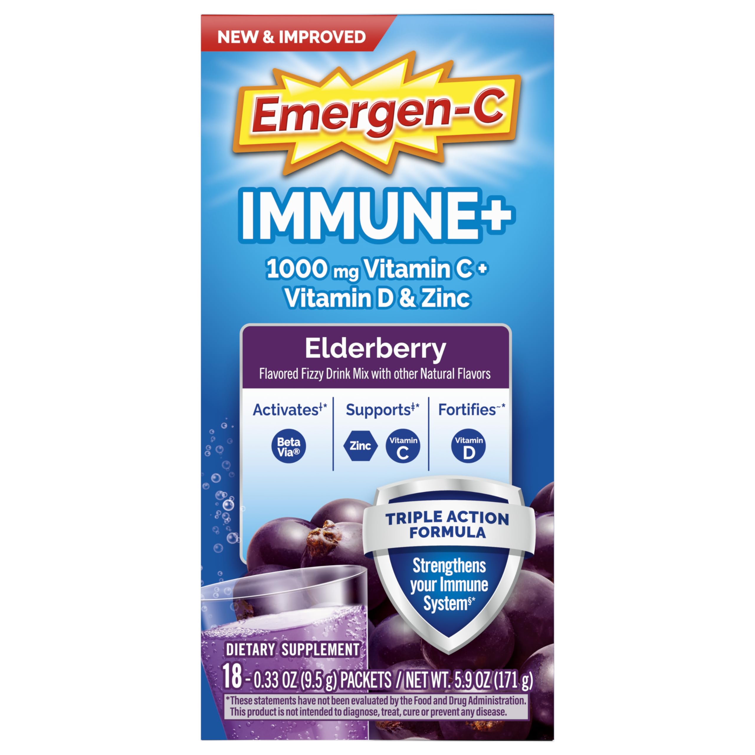 Emergen-C Immune+ Triple Action Immune Support Powder, BetaVia (R), 1000mg Vitamin C, B Vitamins, Vitamin D and Antioxidants, Elderberry – 18 Count