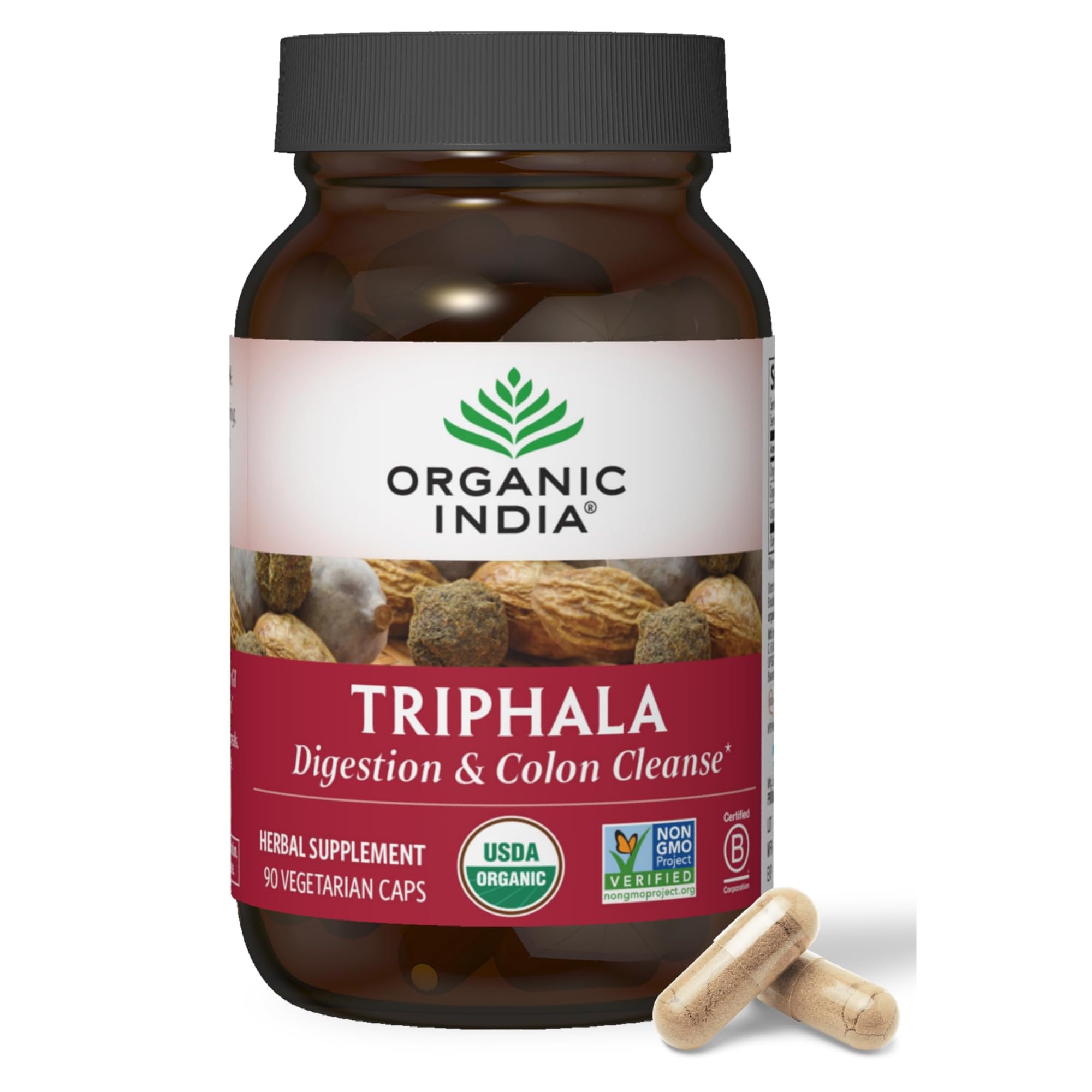 ORGANIC INDIA Triphala Herbal Supplement - Digestion & Colon Support, Immune System Support, Adaptogen, Nutrient Dense, Vegan, Gluten-Free, USDA Certified Organic, Non-GMO - 90 Capsules