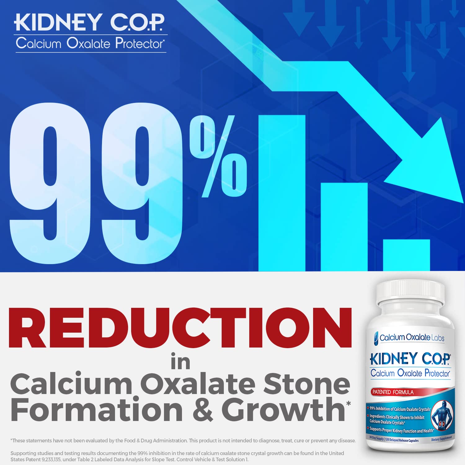 KIDNEY C.O.P. Calcium Oxalate Protector 120 Capsules, Patented Kidney Support for Calcium Oxalate Crystals, Stop Recurrence