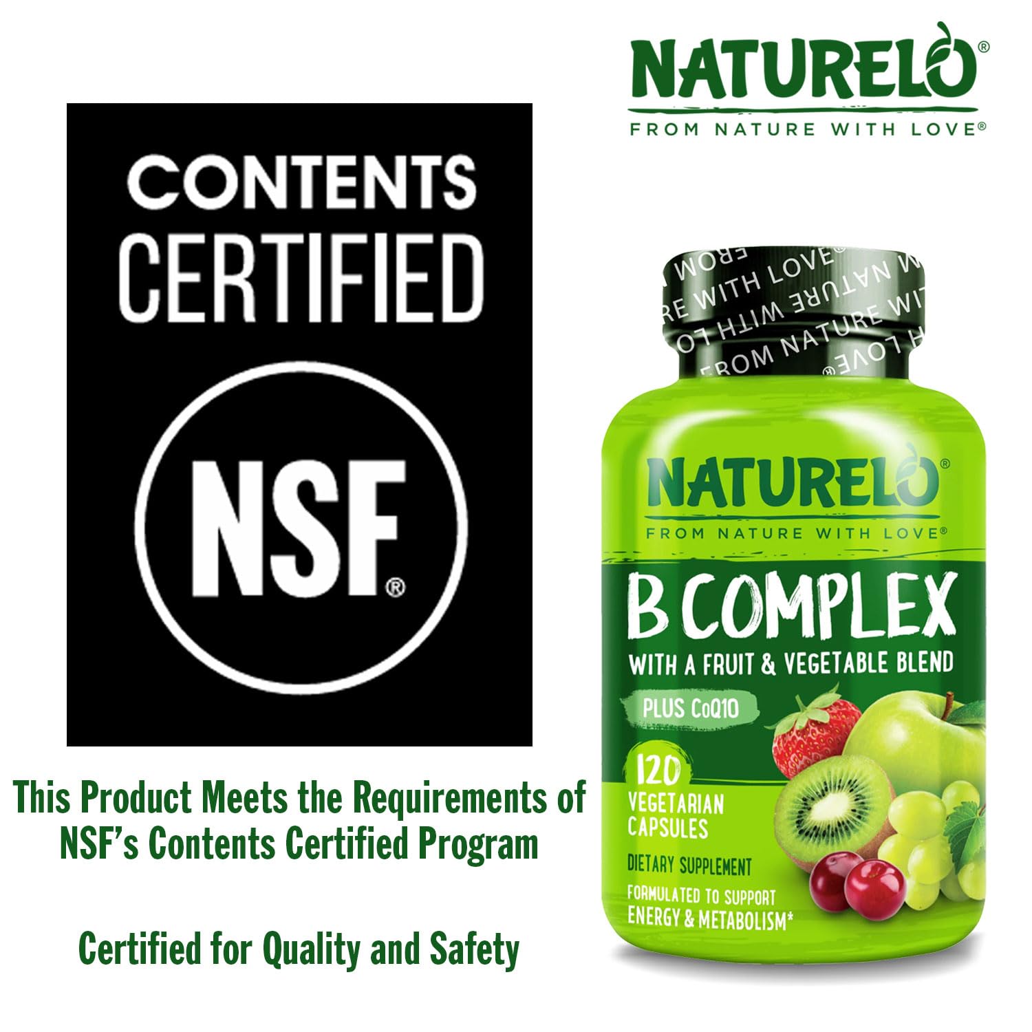 NATURELO Vitamin B Complex,120 Capsules, Vegan, CoQ10, Methyl Folate, Biotin, Fruit & Veg Blend, Supports Energy and Healthy Stress Response, Super B Complex Vitamins for Women and Men