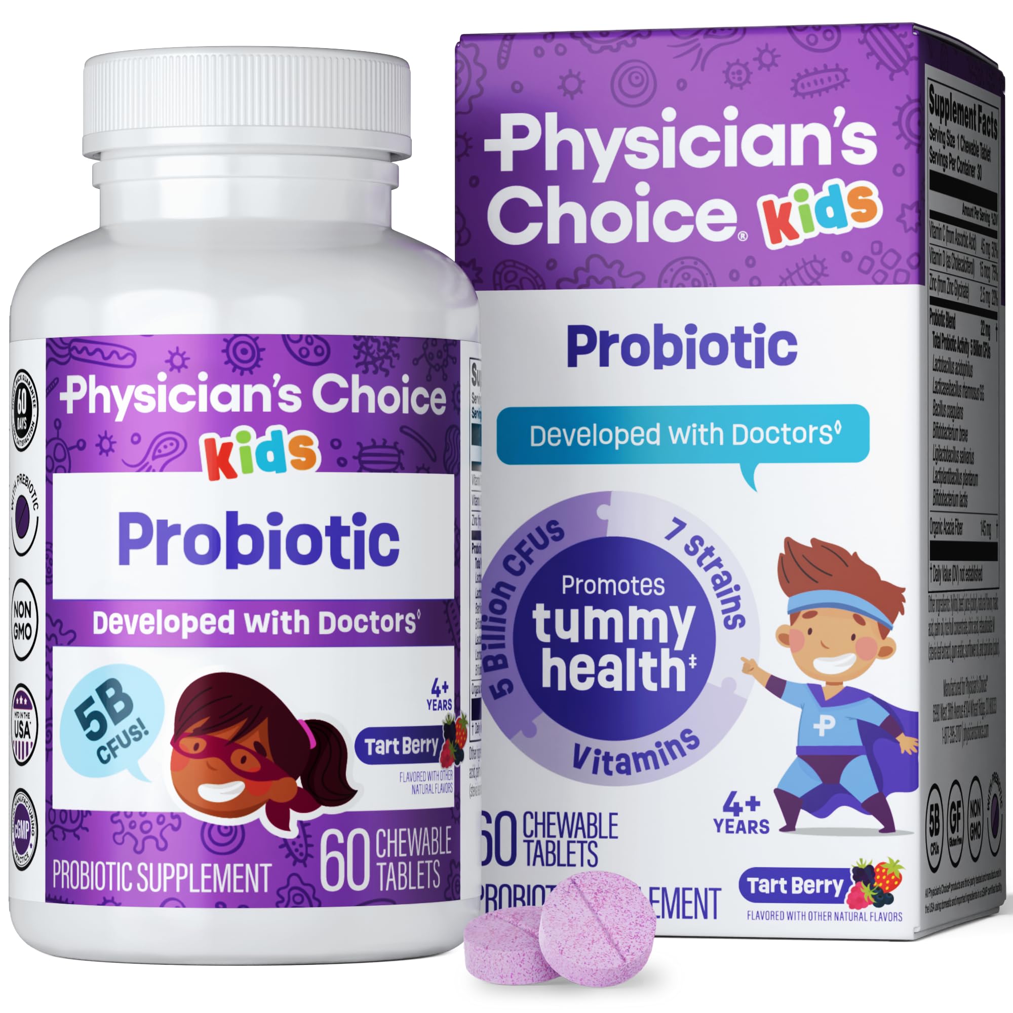 Physician's CHOICE Probiotics for Kids - 7 Diverse Strains, Organic Prebiotics, Vitamins & Minerals - Clinically Studied L. Rhamnosus - Immune & Digestive Support - No Sugar or Artificial Dyes - 60ct