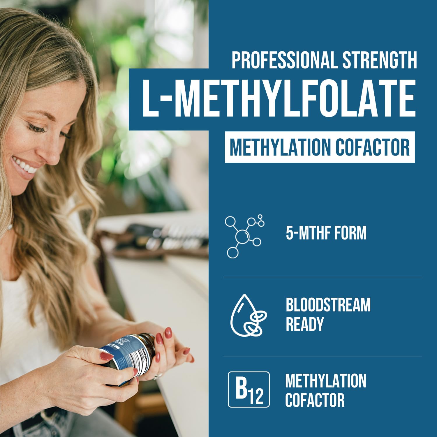 L Methylfolate 7.5mg plus Methyl B12 - Active 5-MTHF Form, MTHFR Supplement - Bloodstream Ready Methylated Folate + B12 Cofactor - Supports Mood, Homocysteine Methylation, Cognition (60 Capsules)