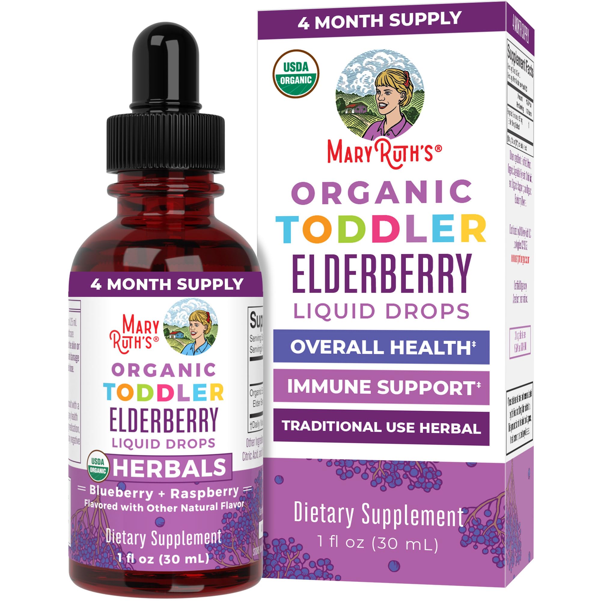 MaryRuth Organics Toddler Elderberry Syrup, USDA Organic Elderberry, Sugar Free Kids Immune Support Supplement for Ages 1-3 Years, Clean Label Project Verified®, Vegan, Non-GMO, Gluten Free, 1 Fl Oz