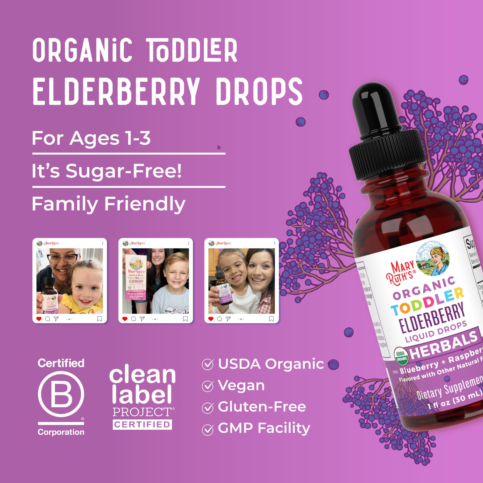 MaryRuth Organics Toddler Elderberry Syrup, USDA Organic Elderberry, Sugar Free Kids Immune Support Supplement for Ages 1-3 Years, Clean Label Project Verified®, Vegan, Non-GMO, Gluten Free, 1 Fl Oz