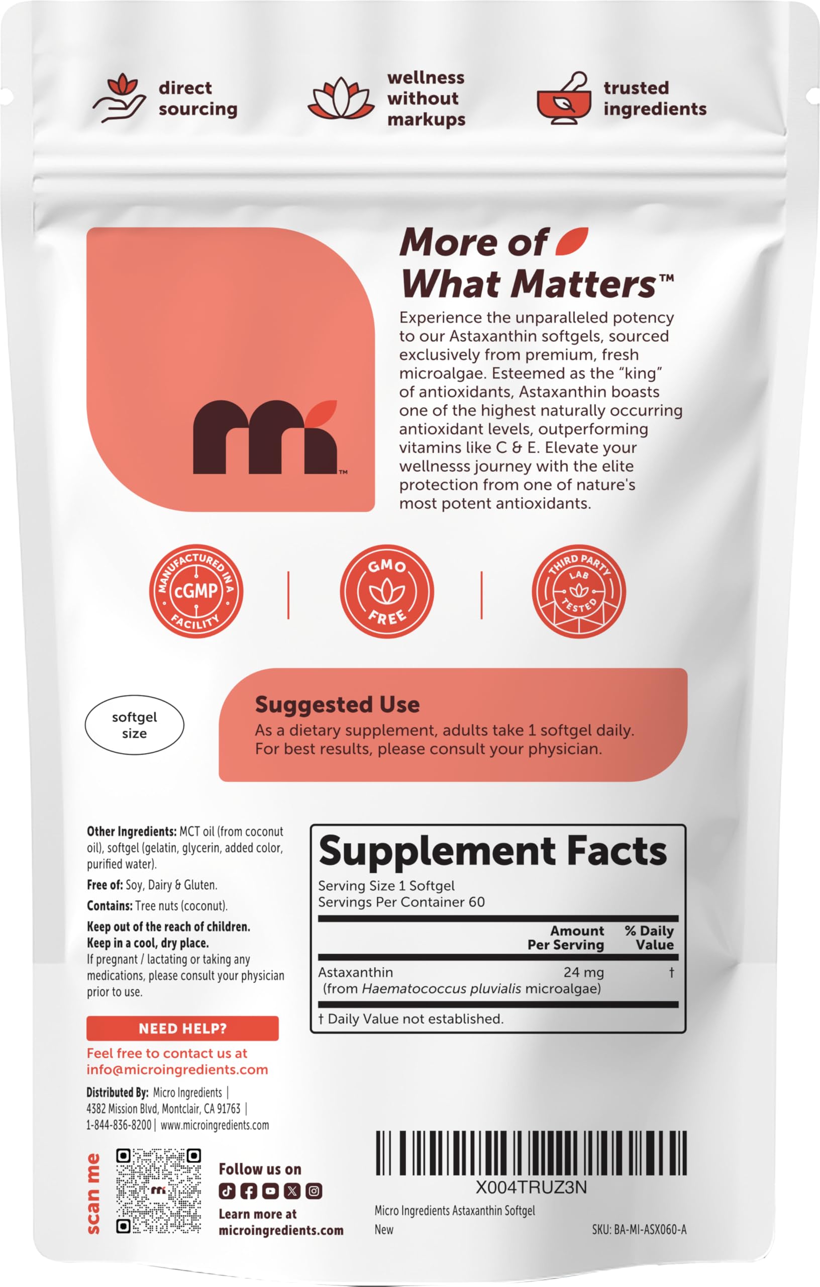 Micro Ingredients Astaxanthin 24mg with MCT Oil, 60 Softgels, 2 Month Supply | Max Strength Astaxanthin Antioxidant Supplements | Fresh Microalgae Source | Non-GMO, Gluten Free, No Soy