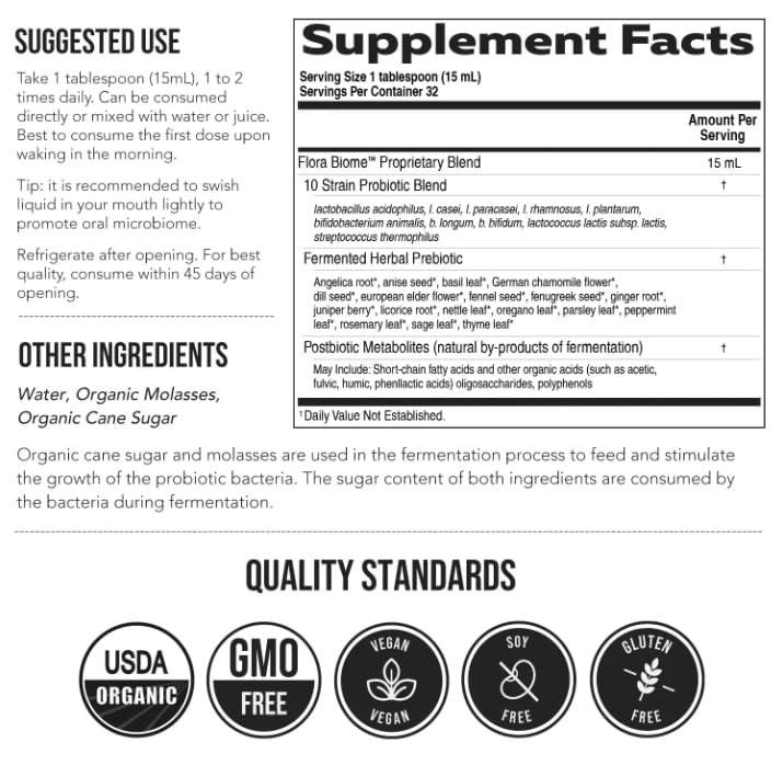 Flora Biome - Live Probiotic, Prebiotic, & Postbiotic – Organic Live-Culture – 10 Probiotic Strains, 18 Fermented Herbs - Complete Gut Health & Microbiome Optimizer (16 oz)