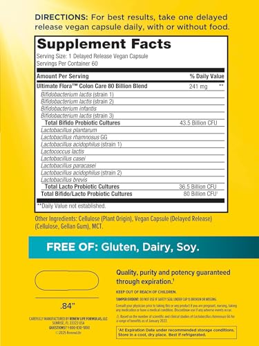Renew Life Probiotic Colon Care Probiotic Capsules, Daily Supplement Offers Colon Support, L. Rhamnosus GG, Dairy, Soy and gluten-free, 80 Billion CFU, 60 Count