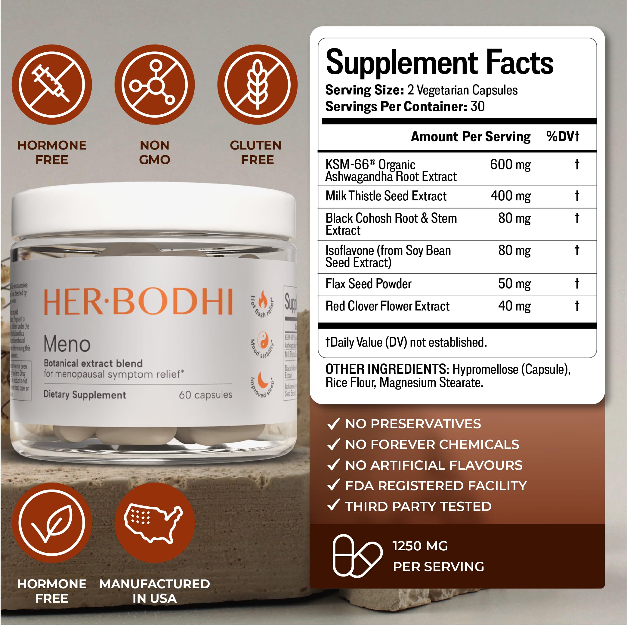 Her Bodhi Meno- Menopause Hormonal Balance for Women, Estrogen Soy Isoflavones Menopause Supplement for Women | with Ashwagandha & Black Cohosh | Hot Flashes Menopause Relief (60 Capsules)