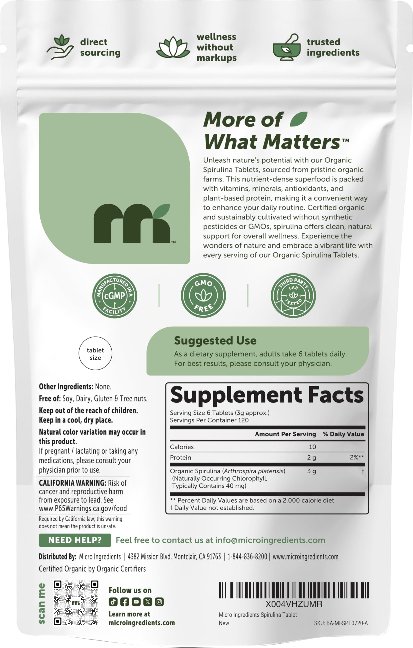 Micro Ingredients Organic Spirulina Supplement, 720 Tablets (4 Month Supply), No Filler & Non-GMO, Rich in Vegan Protein, Vitamins & Prebiotics, Premium Spirulina Pills