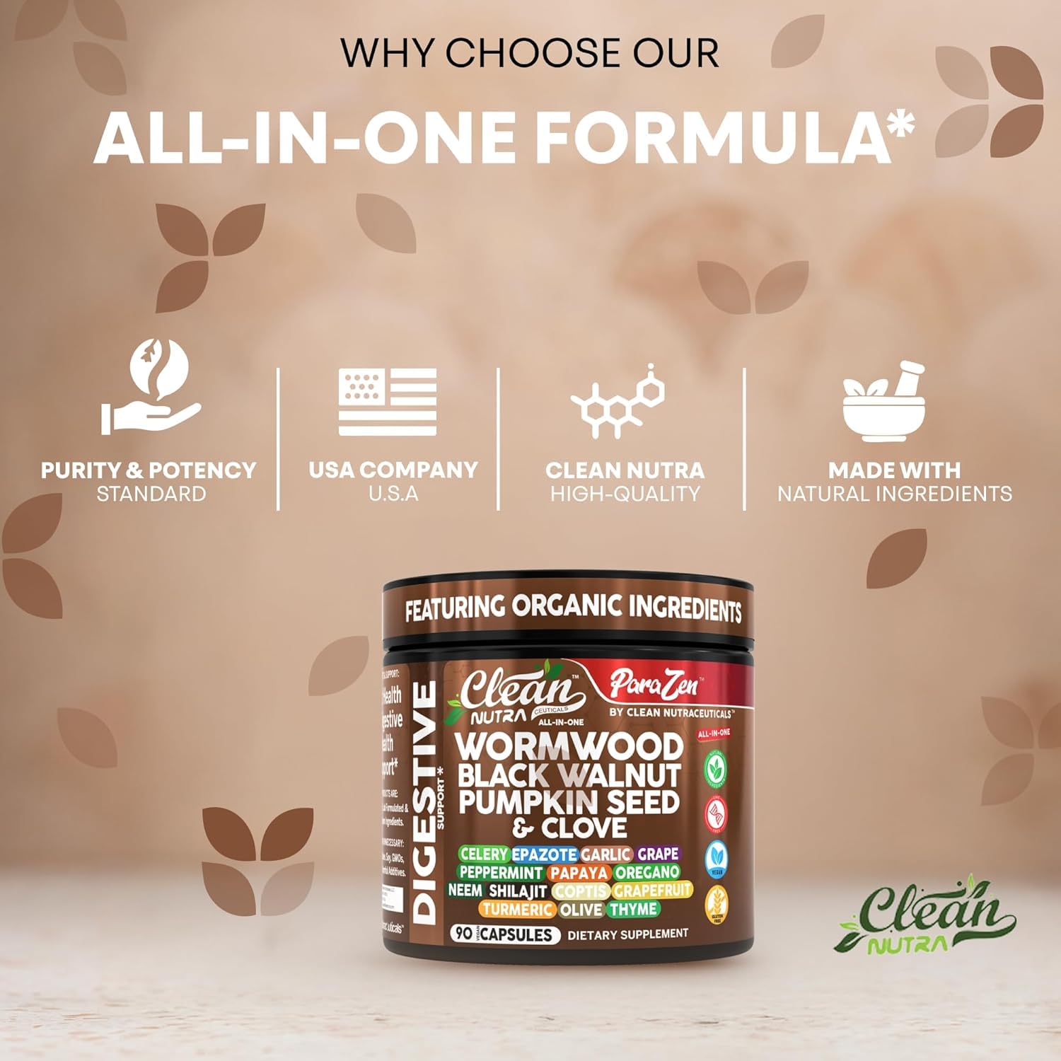 Clean Nutra Wormwood Black Walnut Pumpkin Seed Clove Oil Celery Garlic Grape Papaya Neem Diatomaceous Earth Womens Probiotic Gut Health Cleanse Detox Oregano Olive Turmeric Supplement Vegan Capsules