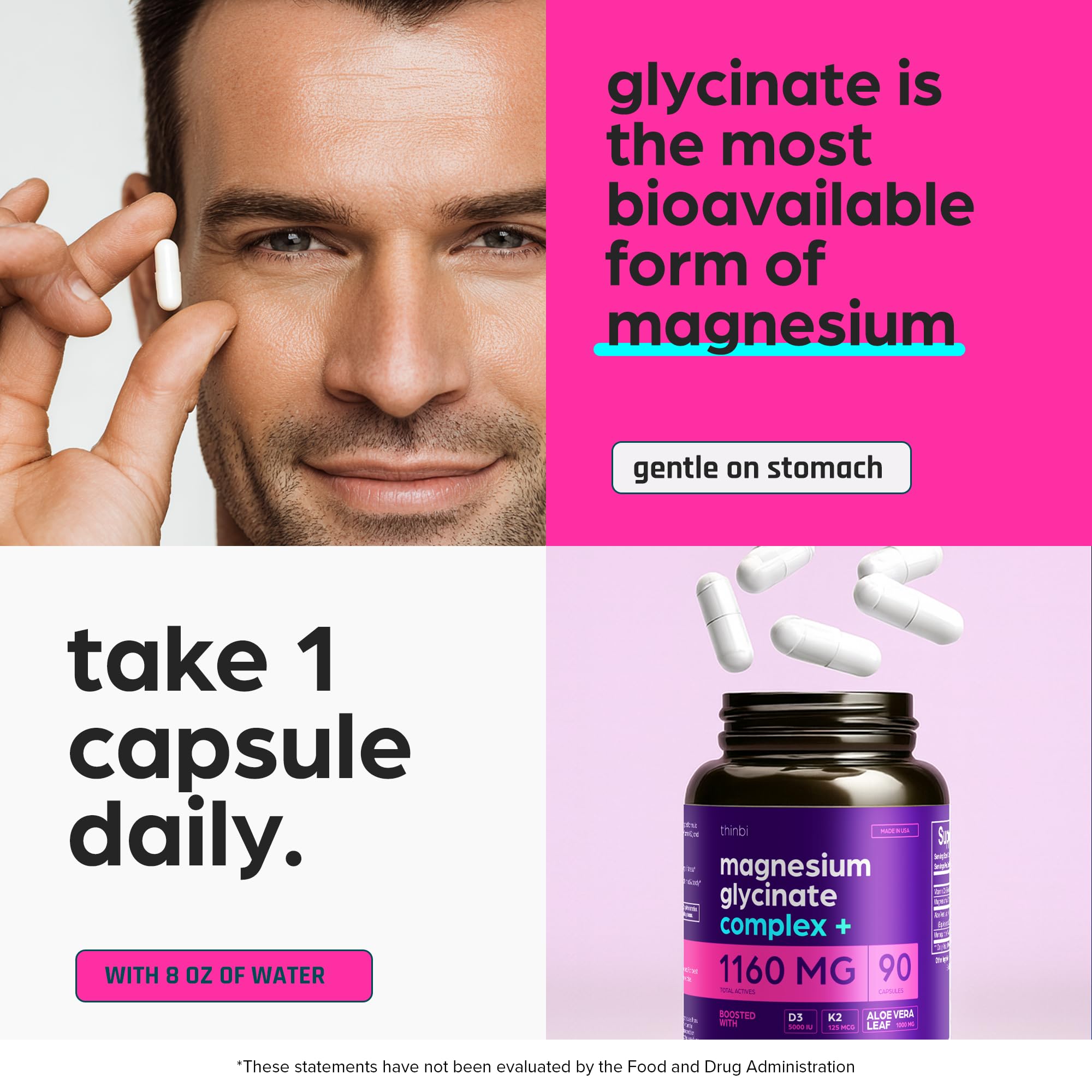 Magnesium Glycinate 1160mg + Aloe Vera, D3 & K2 Complex 90 Capsules - High Absorption, Non-Laxative - Supports, Muscle Function & Healthy Metabolism Chelated Formula