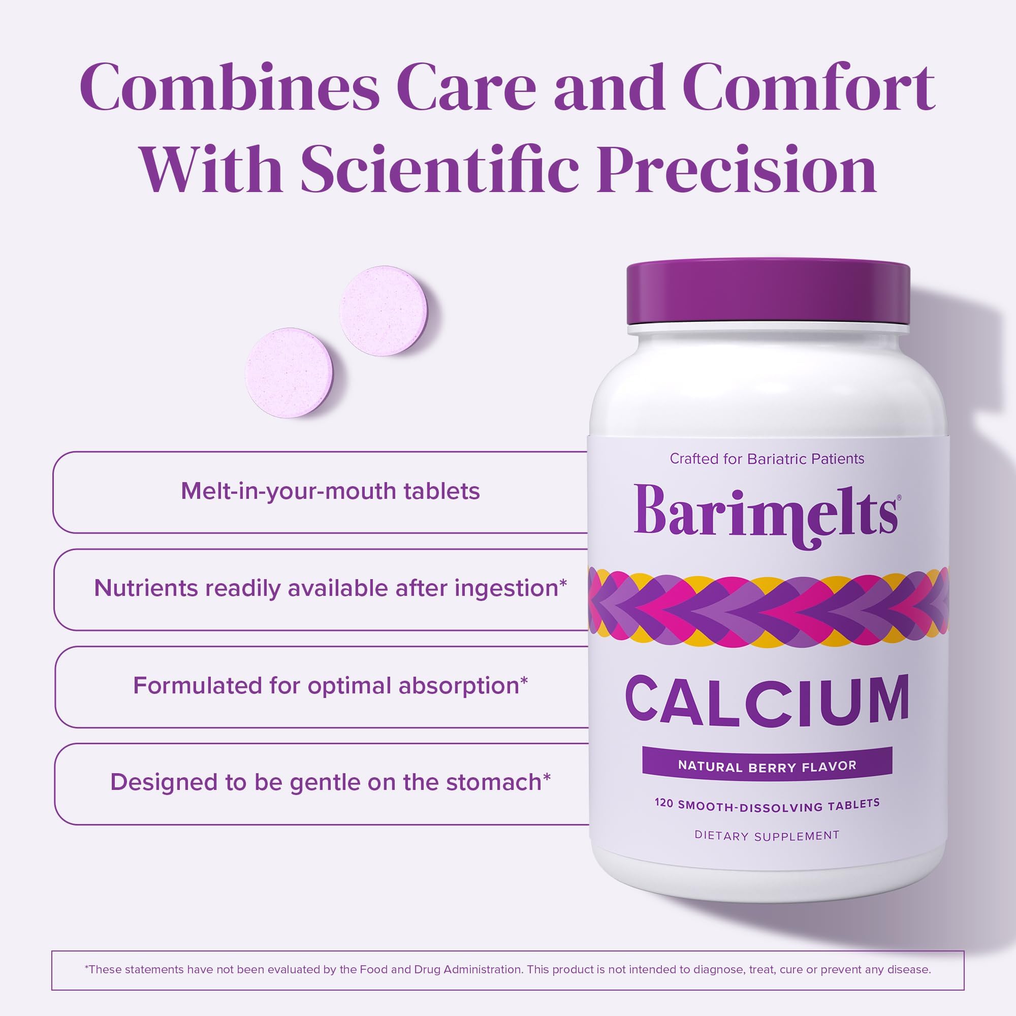 BariMelts Calcium Citrate with Vitamin D3 & Magnesium, 120 Smooth-Dissolving Tablets (1-Month Supply), Bariatric Calcium Supplements for Women, Natural Berry Flavor​