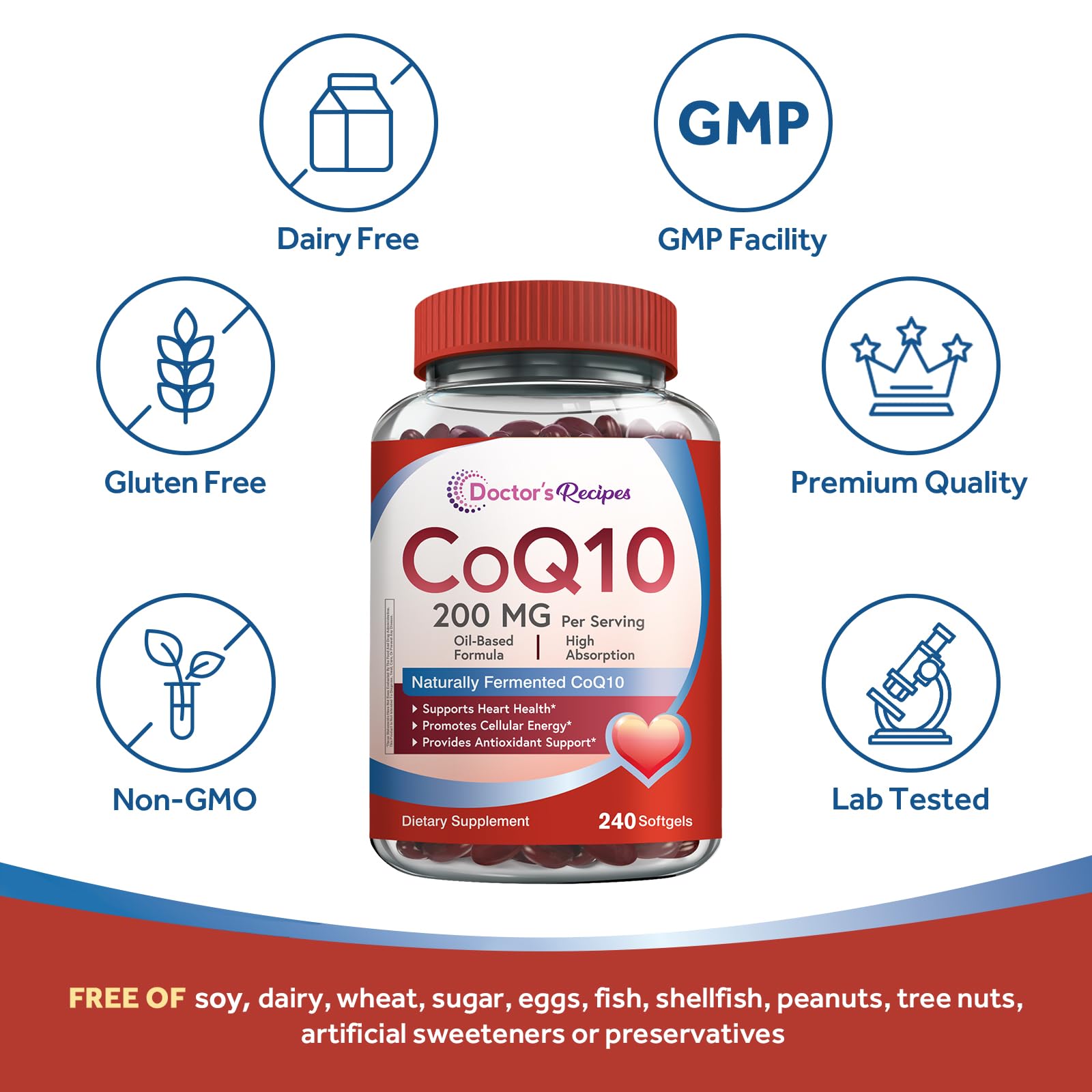 Doctor's Recipes CoQ10 200mg Per Serving, High Absorption Coenzyme Q10 Supplement with Olive Oil, Heart & Vascular Health, Energy Production & Antioxidant Support, 4 Month Supply, 240 Softgels