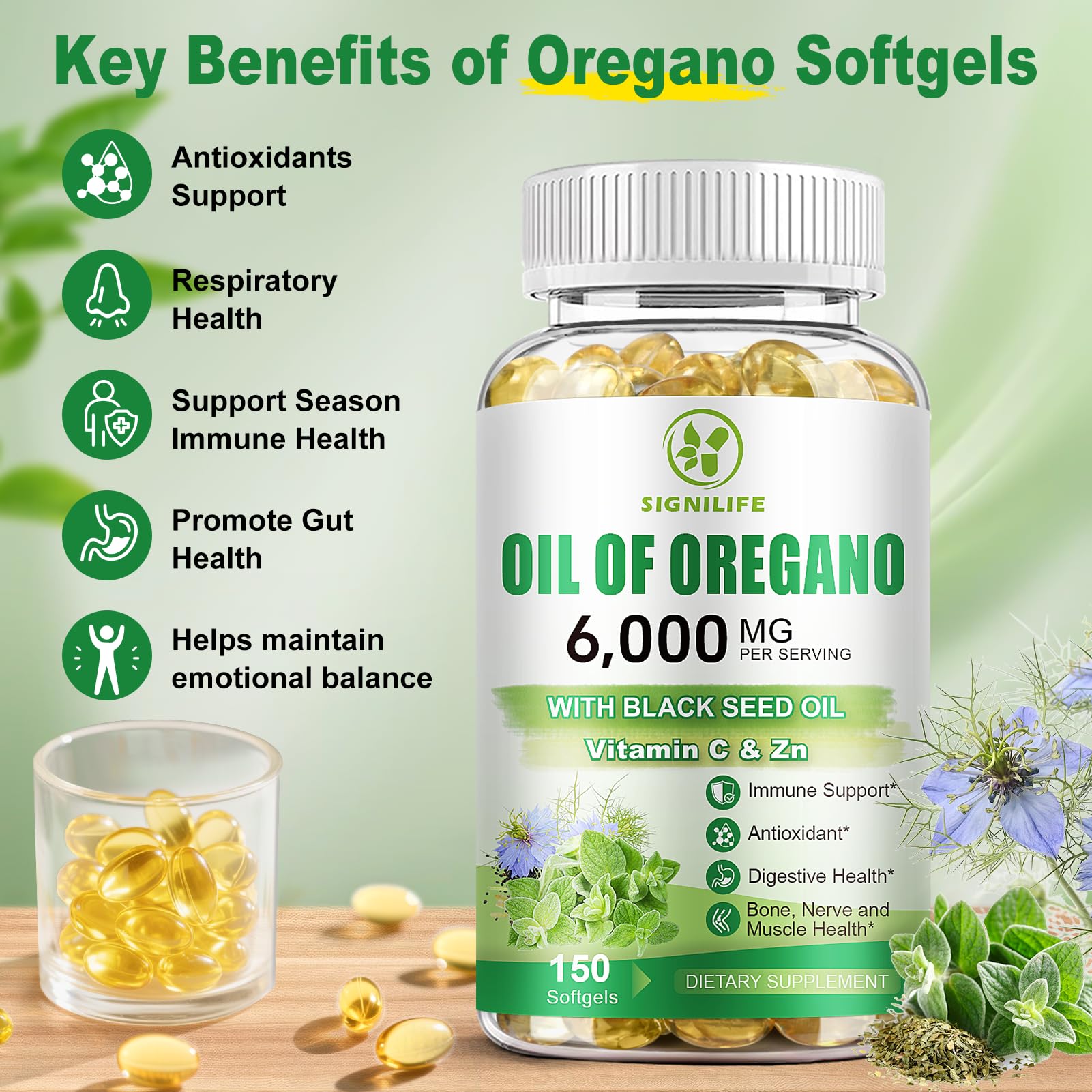 SIGNILIFE Oil of Oregano with Black Seed Oil, 6000mg Oregano Oil Capsules for Immune Support with High Carvacrol & Thymoquinone, Antioxidant, Non-GMO, Gluten Free, 150 Softgels