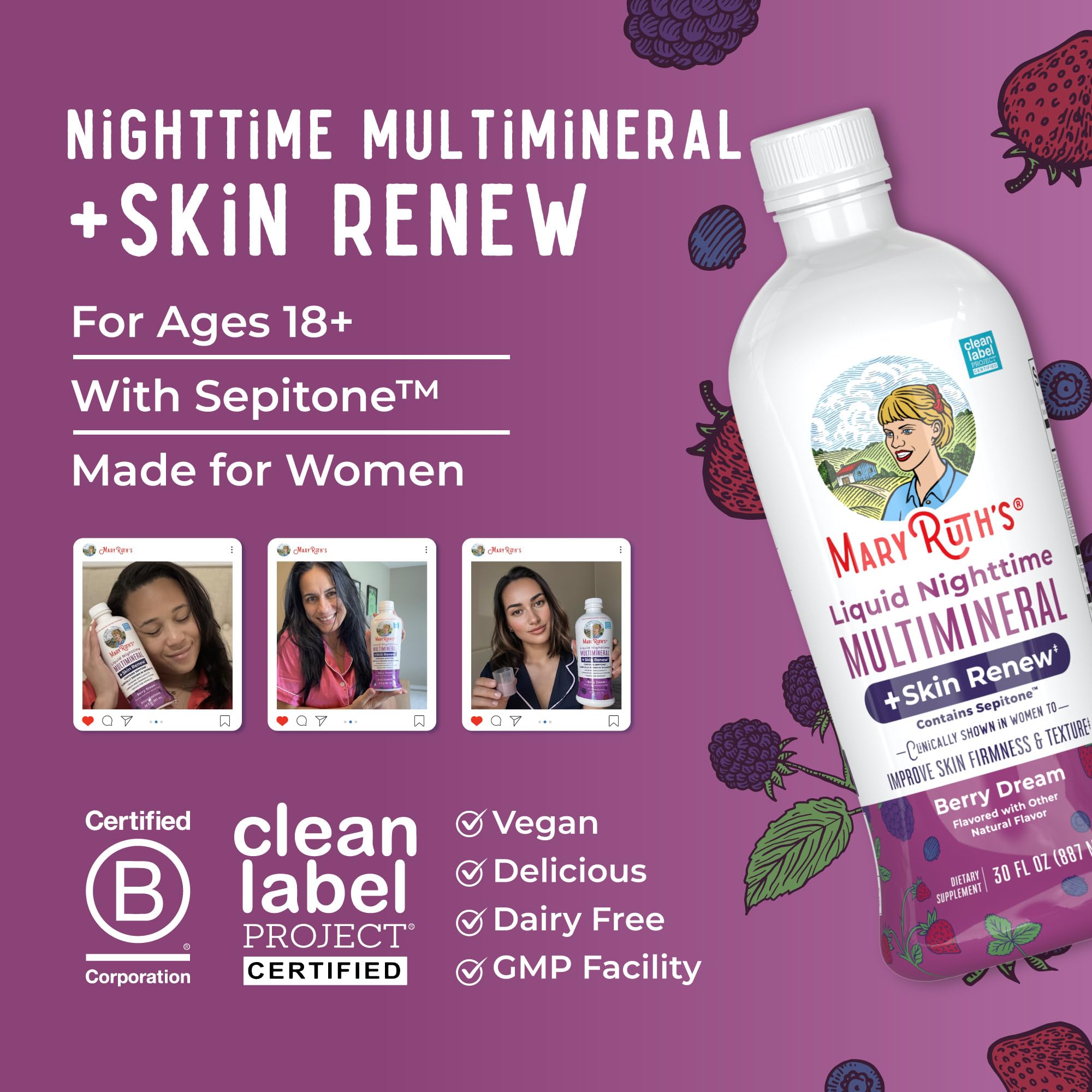 MaryRuth's Liquid Nighttime Liquid Multimineral + Skin Renew | Clinically Shown in Women to Reduce Fine Wrinkle & Improve Skin Firmness | Sepitone | NO Melatonin | Magnesium | Vegan | 30 Servings