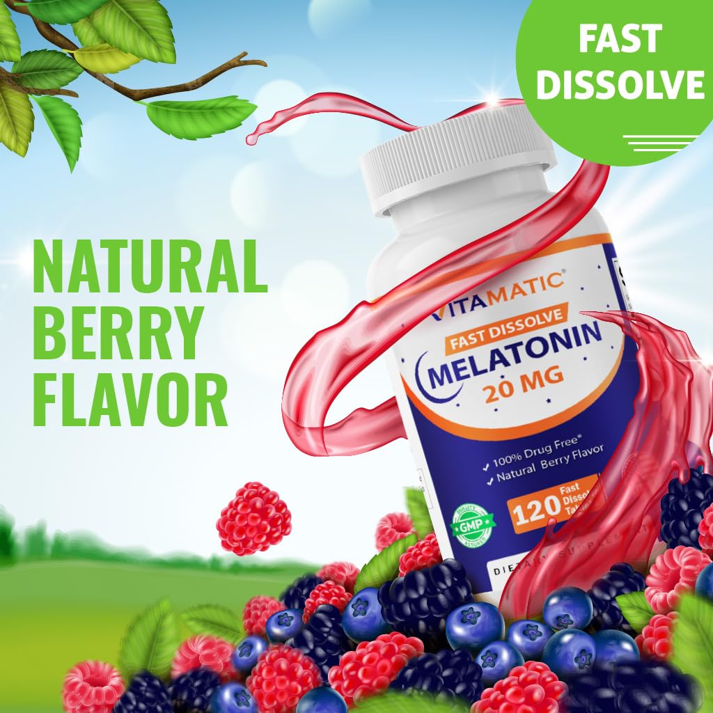 Vitamatic Melatonin 20mg for Sleep Support | Vegetarian, Non-GMO, Gluten Free | HIGH Potency 20 MG | Natural Berry Flavor 120 Fast Dissolve Tablets - 2 Pack - 240 Count